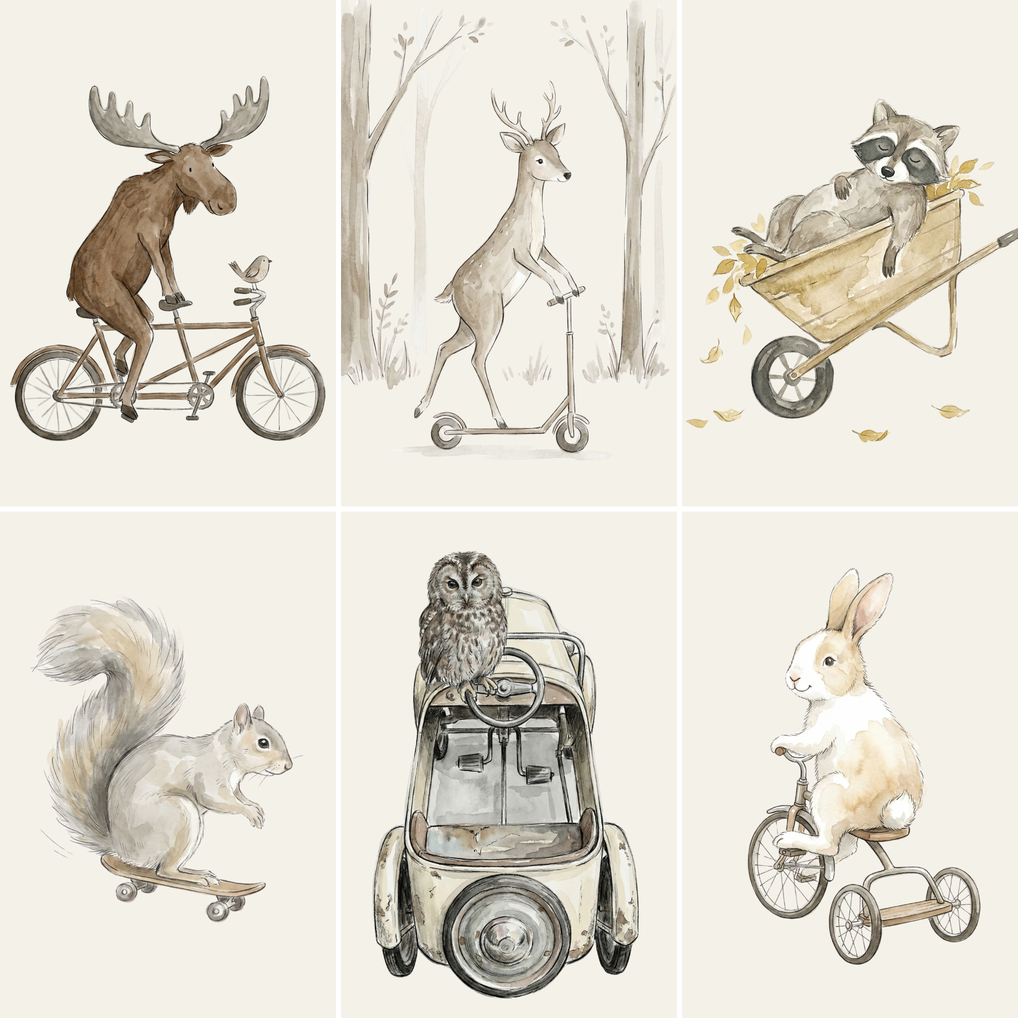 Whimsical Traveling Woodland Animals Print Set of 6 - Whimsical Forest Rides