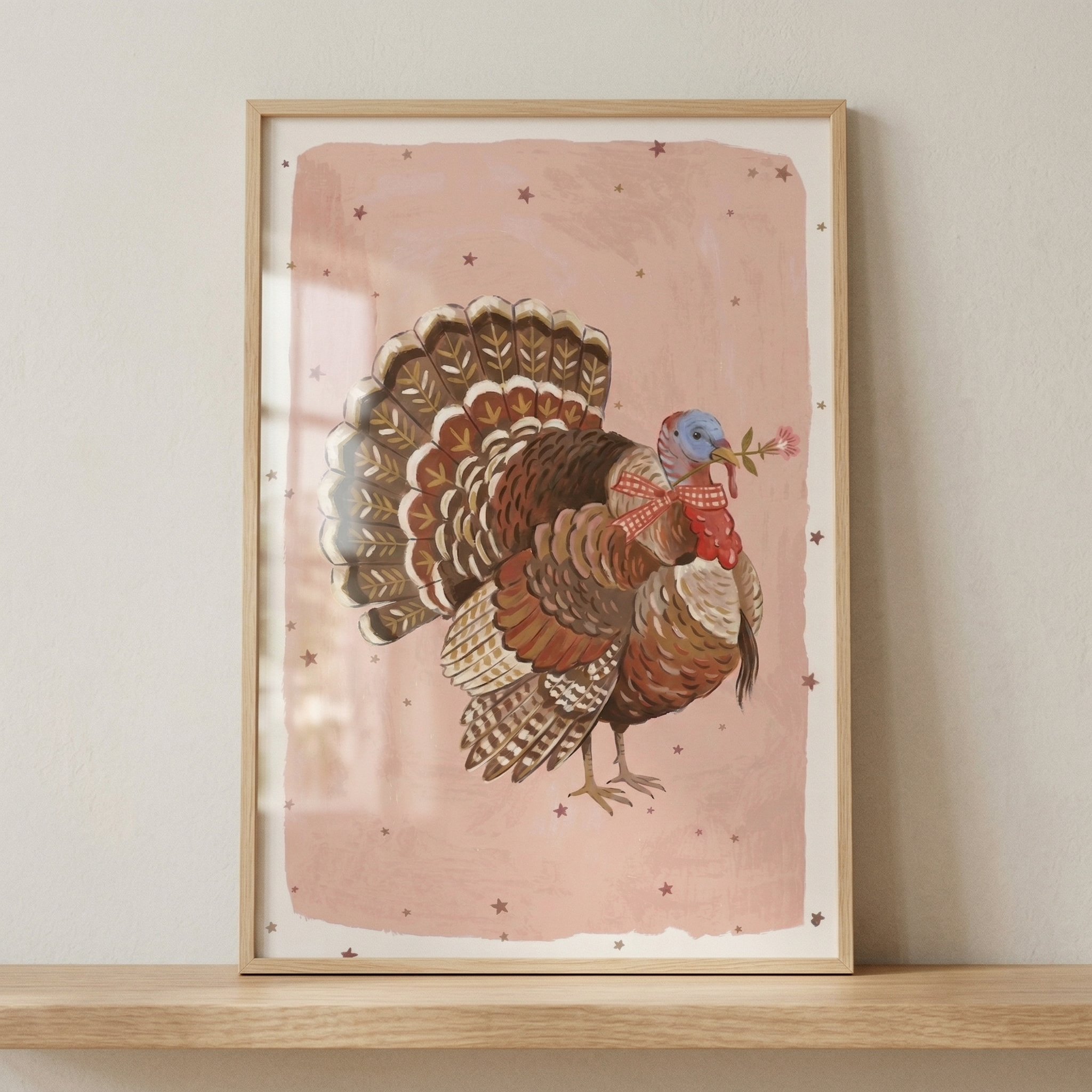 Whimsical Turkey Pink Bow Wall Art - Starry Pink Turkey