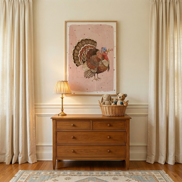 A cozy room features a wooden dresser centered against an off-white wall with classic wainscoting. Hanging above the dresser is a large, framed illustration of a detailed turkey with intricate plumage, set against a soft pink, speckled background. To the left on the dresser sits a small brass lamp with a pleated shade, while to the right, a woven basket holds a plush rabbit and teddy bear. Tall, cream-colored curtains frame the scene, and a patterned rug sits on the wooden floor.