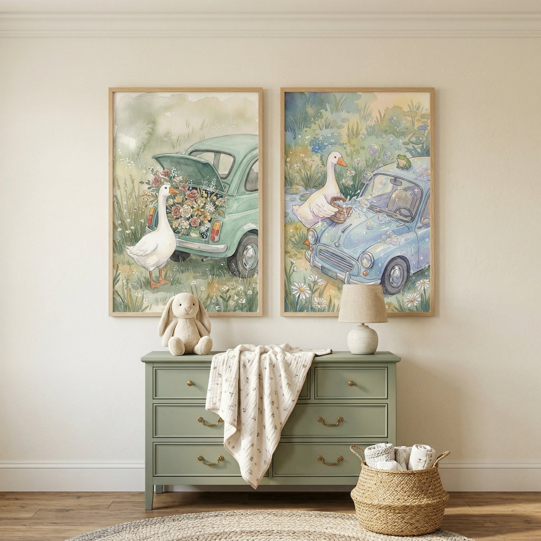 Whimsical Vintage Car Goose Wall Art Set of 2 - Floral Garden Drive