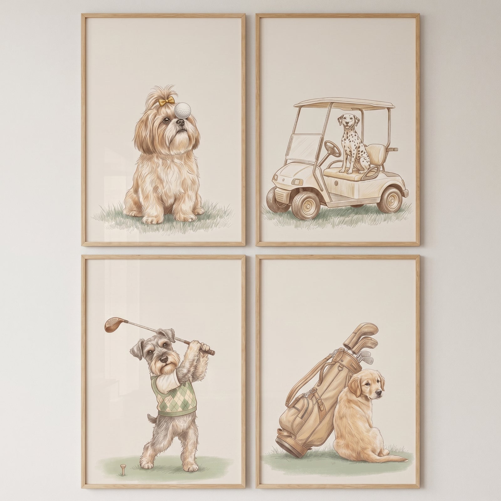 Whimsical vintage golfing dogs wall art set of 4 featuring a Dalmatian in a cart, a golfer, and dogs with golf equipment.