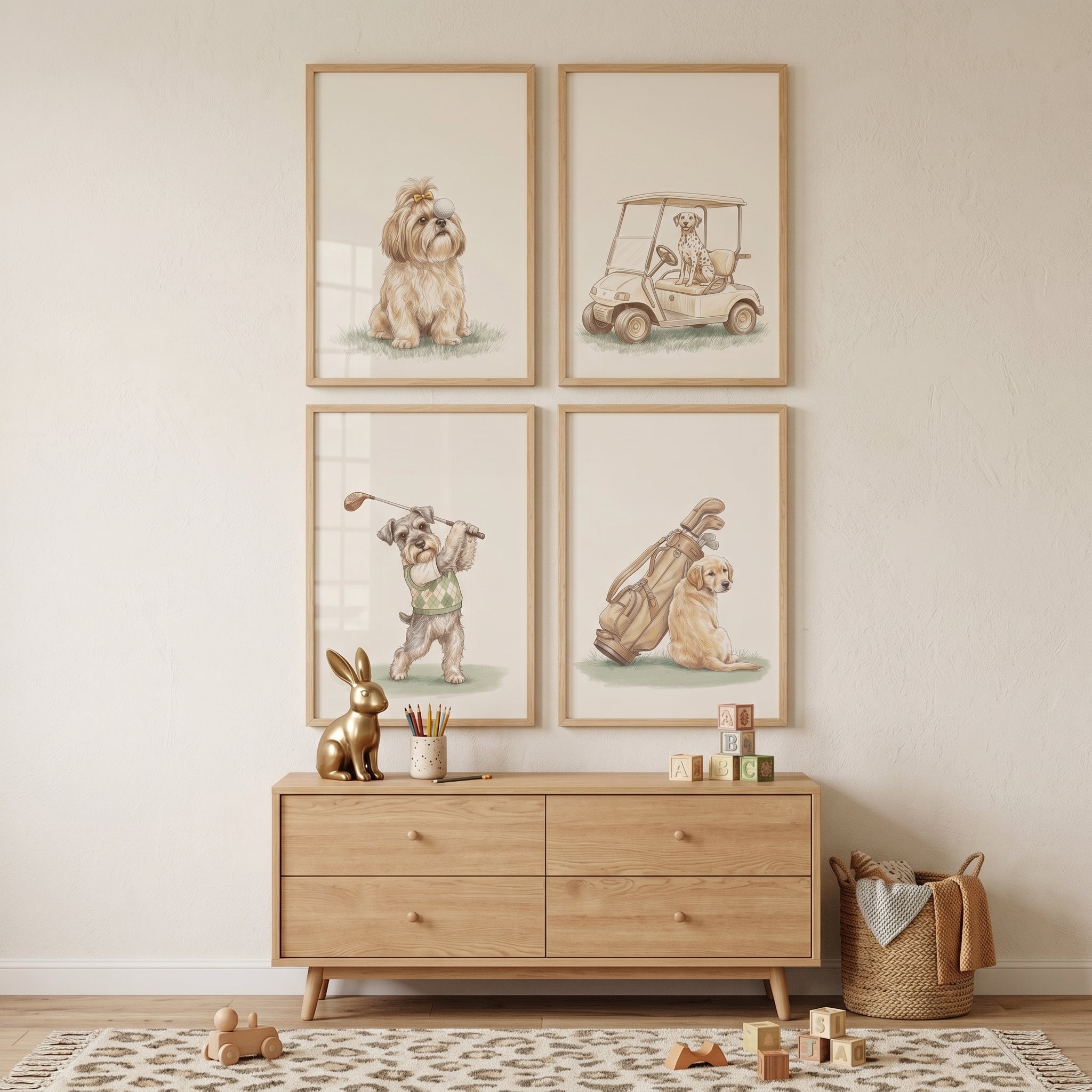 Whimsical Vintage Golfing Dogs Wall Art Set of 4 - Golfing Puppy Pals