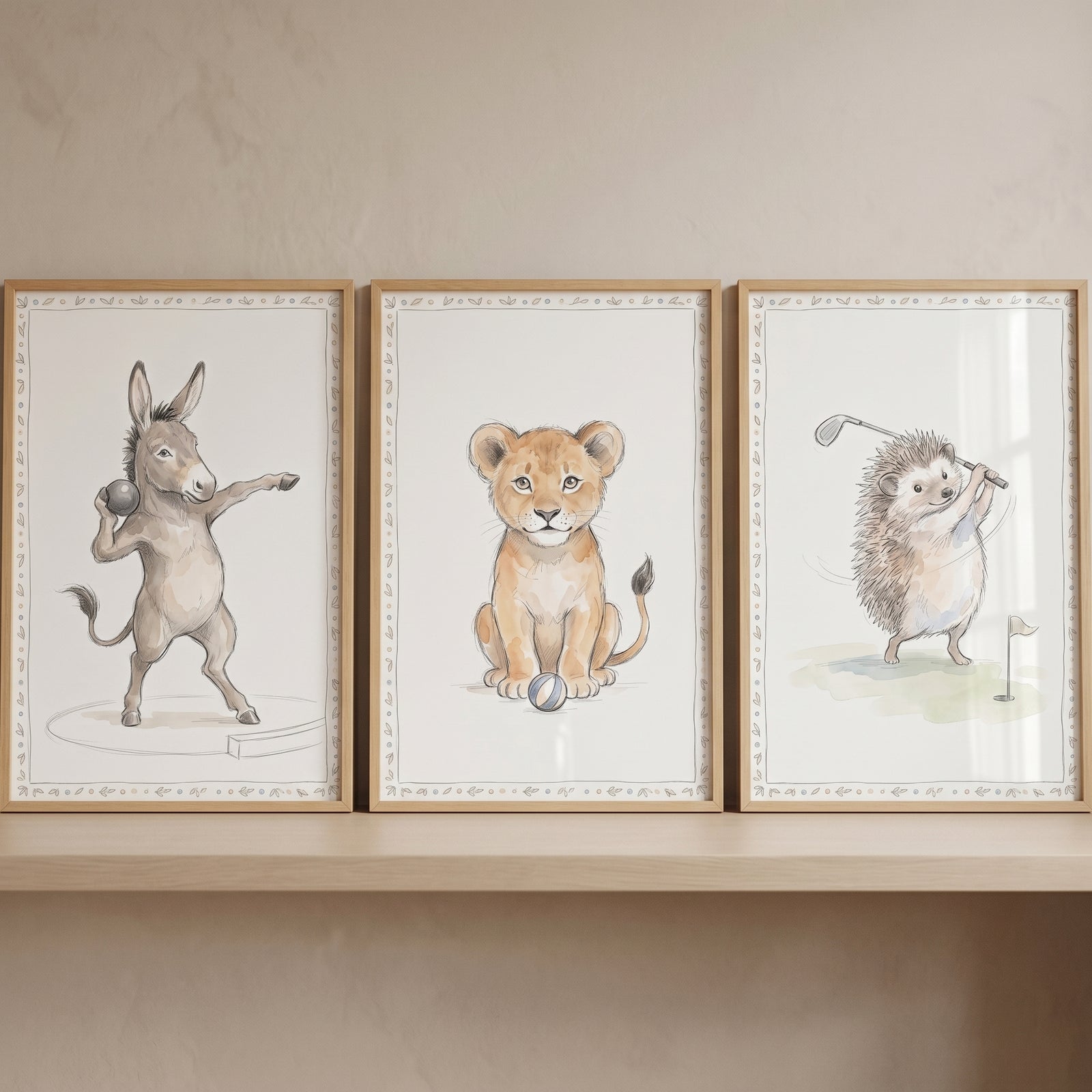 Whimsical vintage sports animals wall art set of 3 featuring a donkey with a shot put, a lion cub, and a golfing hedgehog.