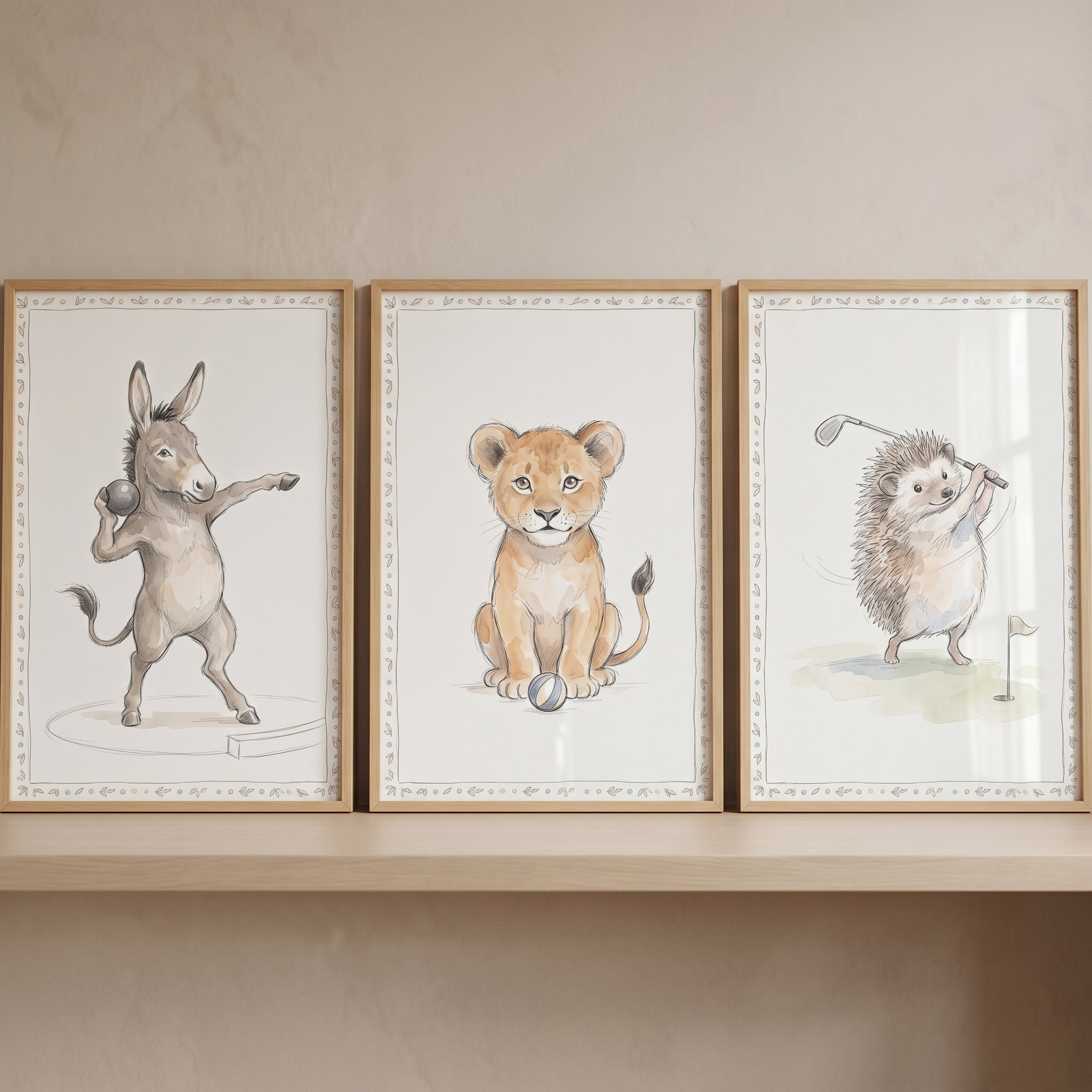 Whimsical Vintage Sports Animals Wall Art Set of 3 - Little Athletic Trio