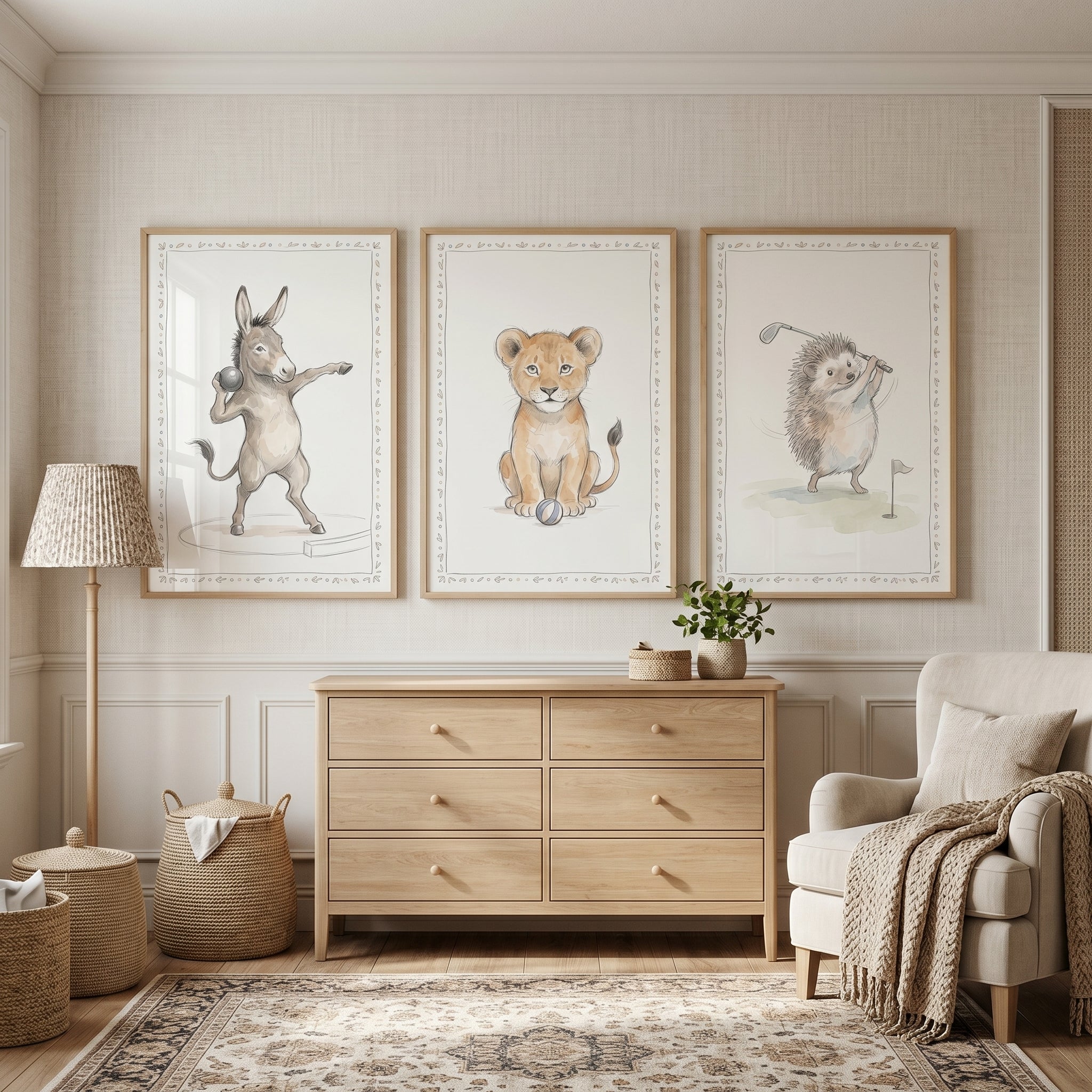 Whimsical Vintage Sports Animals Wall Art Set of 3 - Little Athletic Trio