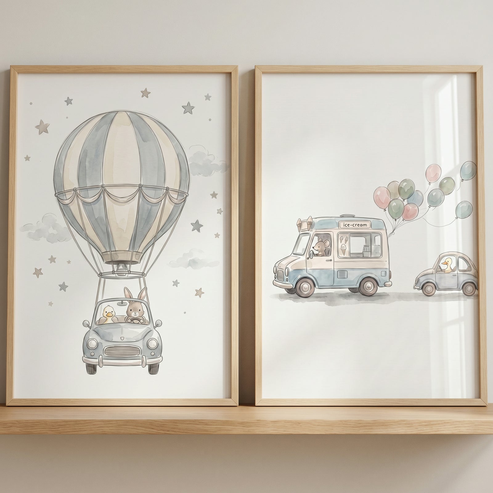 Whimsical vintage voyager animals wall art set of 2 with animals in a hot air balloon car and a truck on a wooden shelf.