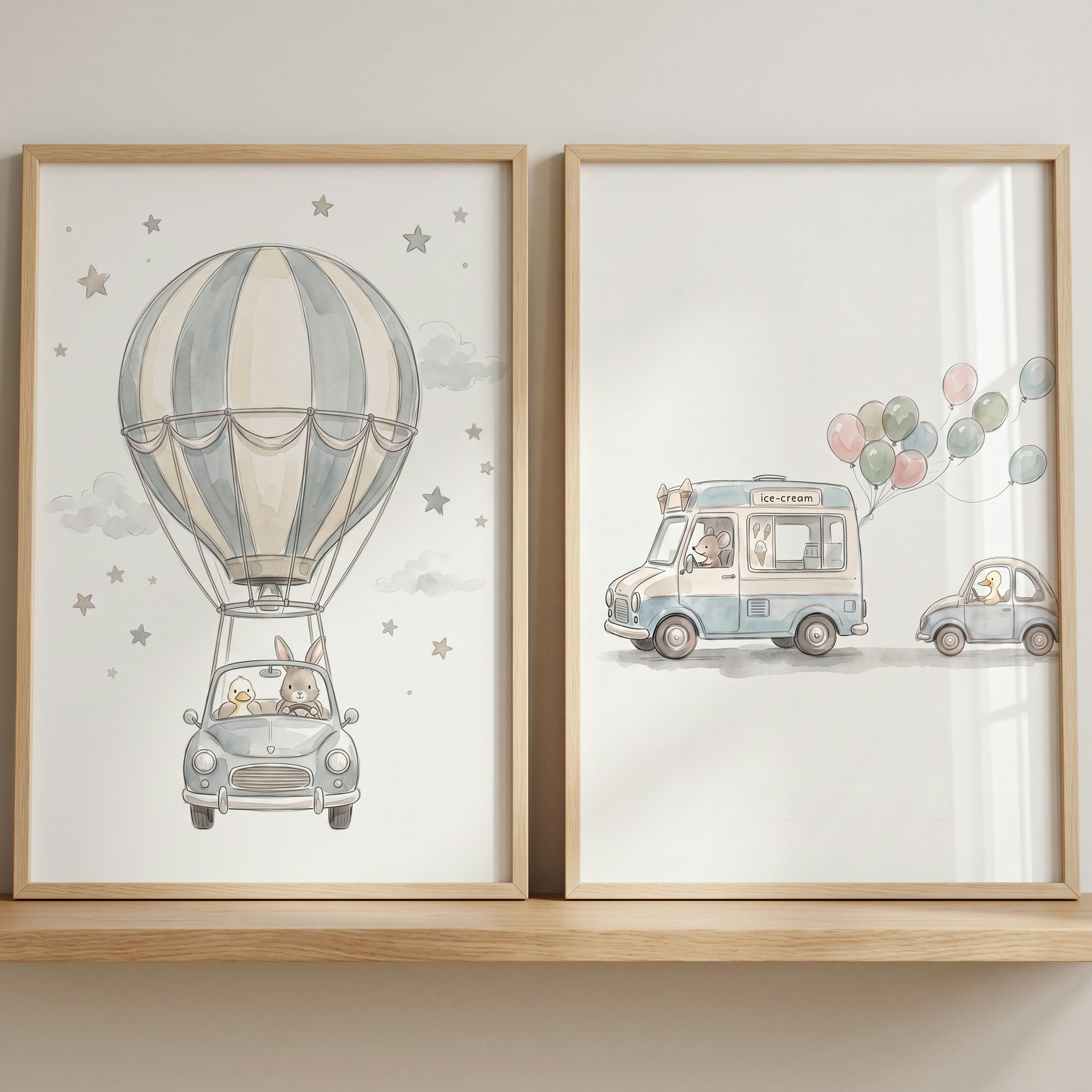 Whimsical Vintage Voyager Animals Wall Art Set of 2 - Cute Animal Adventures