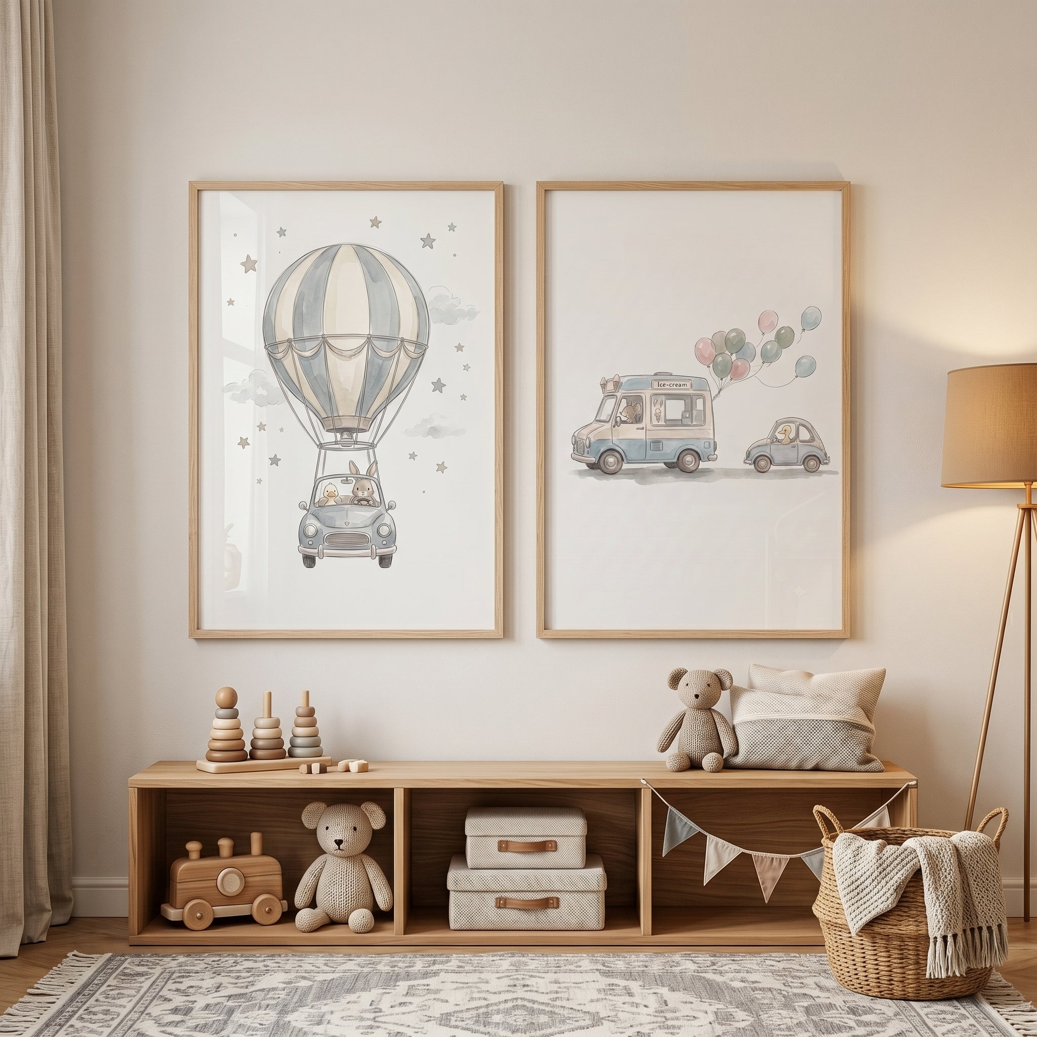 Whimsical Vintage Voyager Animals Wall Art Set of 2 - Cute Animal Adventures