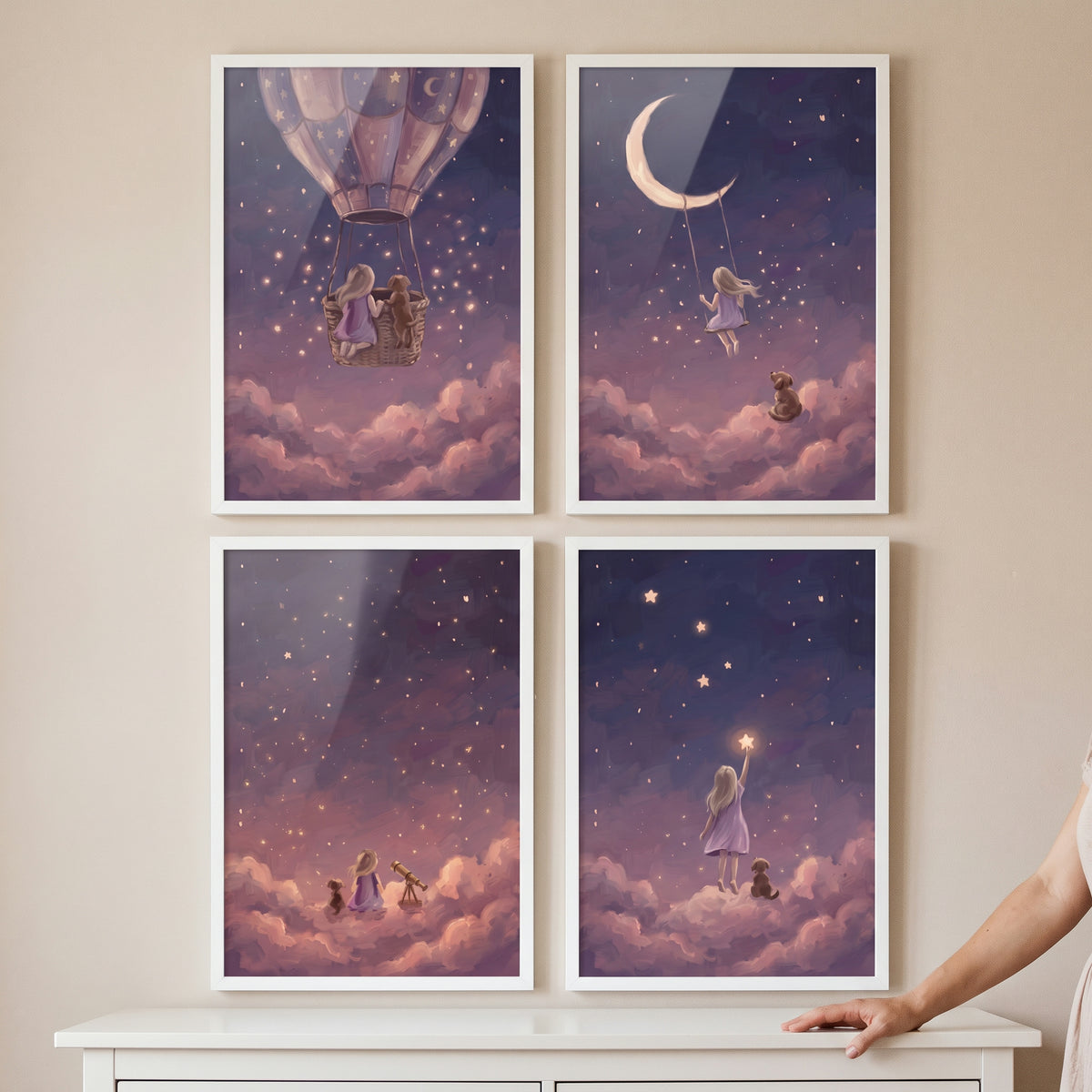 Whimsical violet girl dog wall art set of 4 shows a child and pet in a starry purple sky with a moon, balloon, and telescope.