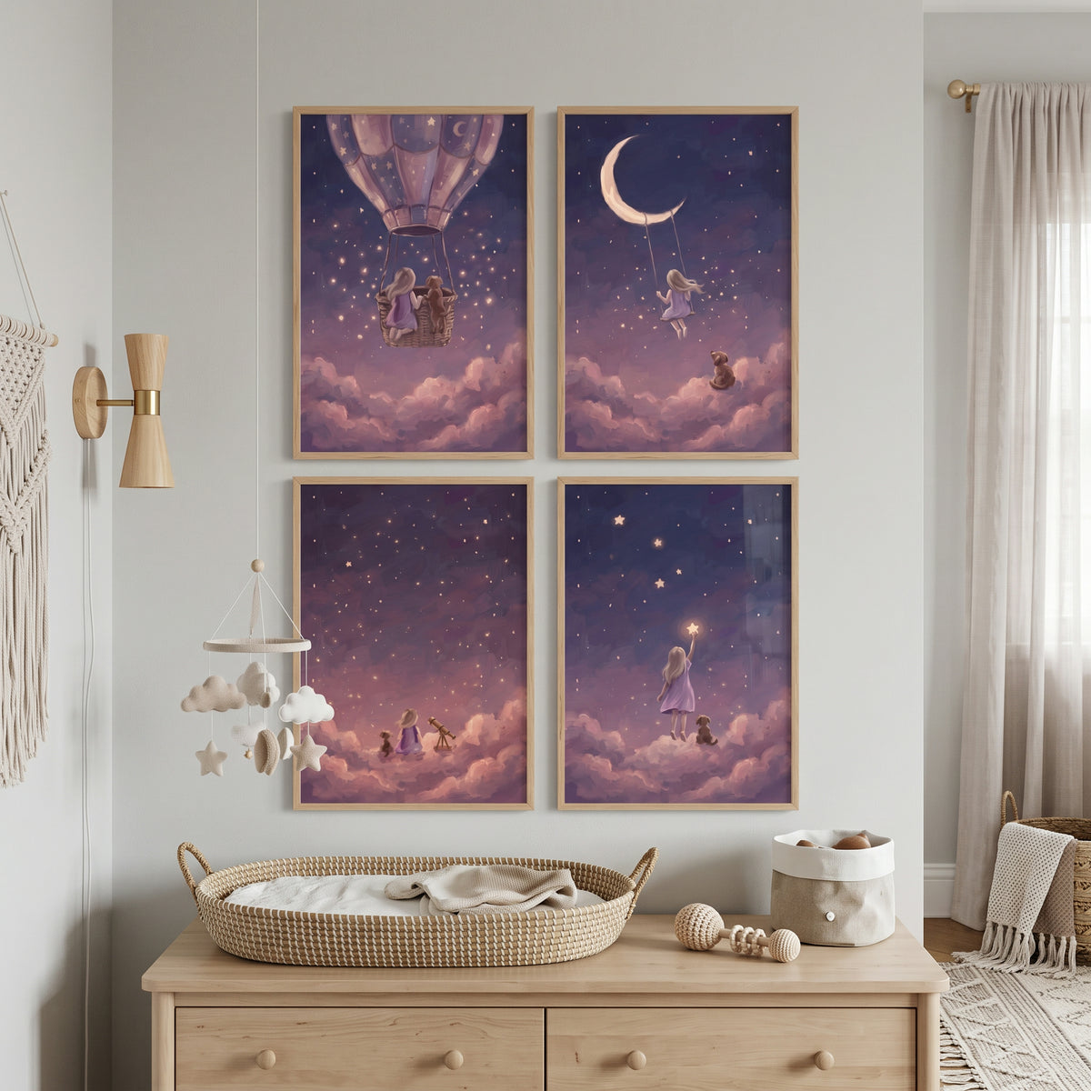 Whimsical Violet Girl Dog Wall Art Set of 4 - Starlight Wonder
