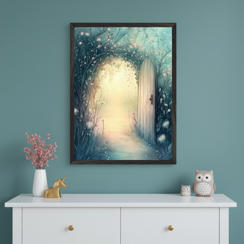 Modern room with a white dresser. A framed print depicting a whimsical arched garden path with a bright light, blossoming vines, and a wooden door hangs centered above the dresser. A pink floral vase, golden unicorn, and two owl figurines decorate the dresser.