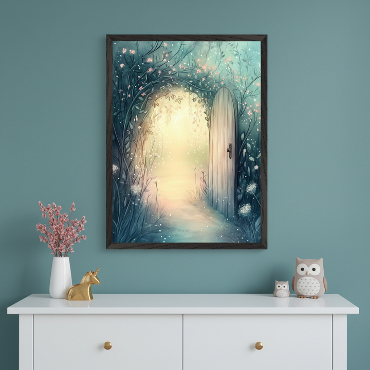 Modern room with a white dresser. A framed print depicting a whimsical arched garden path with a bright light, blossoming vines, and a wooden door hangs centered above the dresser. A pink floral vase, golden unicorn, and two owl figurines decorate the dresser.
