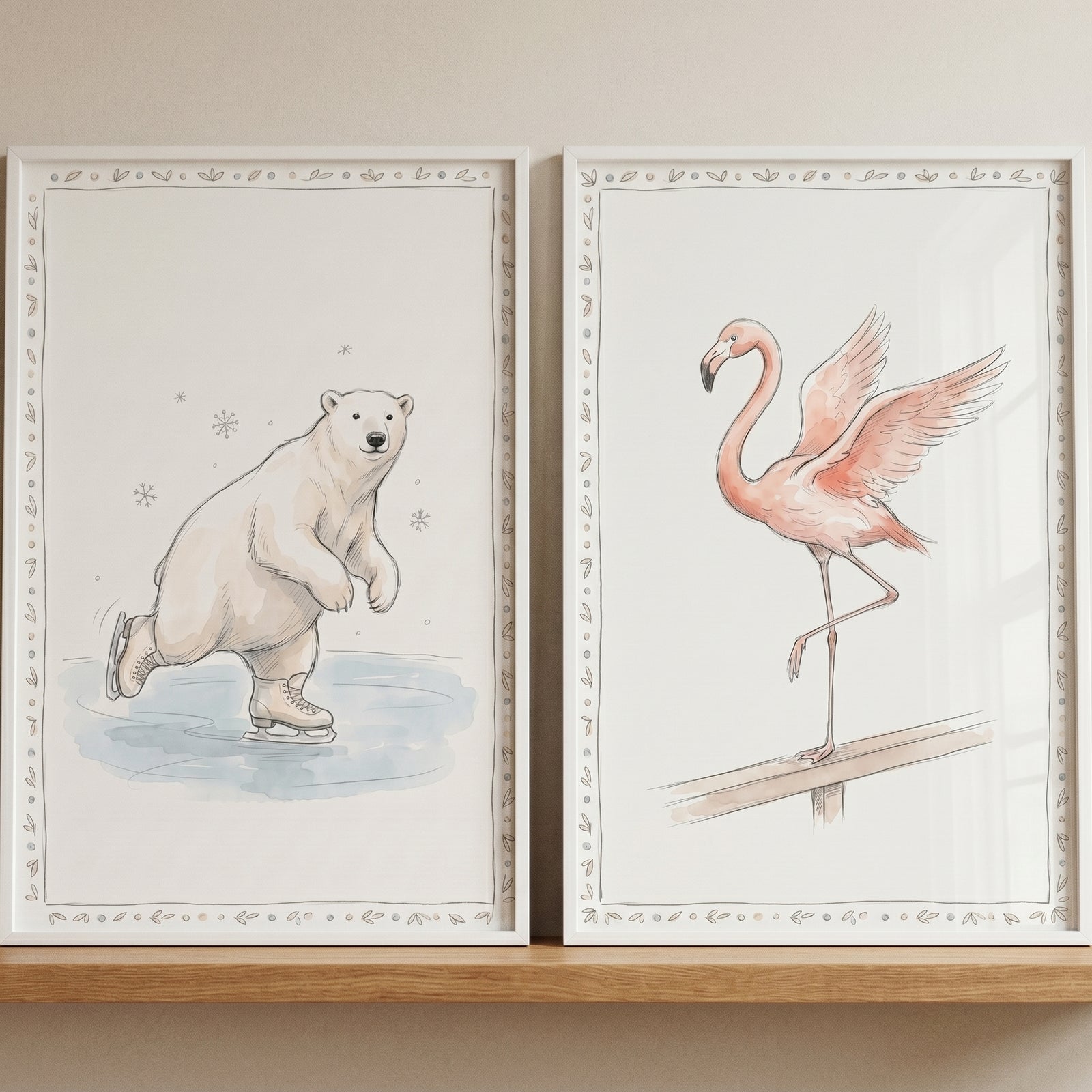 Ice skating polar bear and flamingo on a rail in a whimsical wash active animals wall art set of 2 on a shelf.