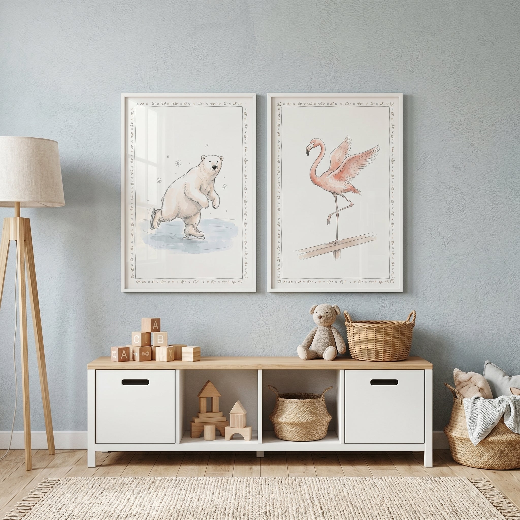 Whimsical Wash Active Animals Wall Art Set of 2 - Arctic Ice Skate