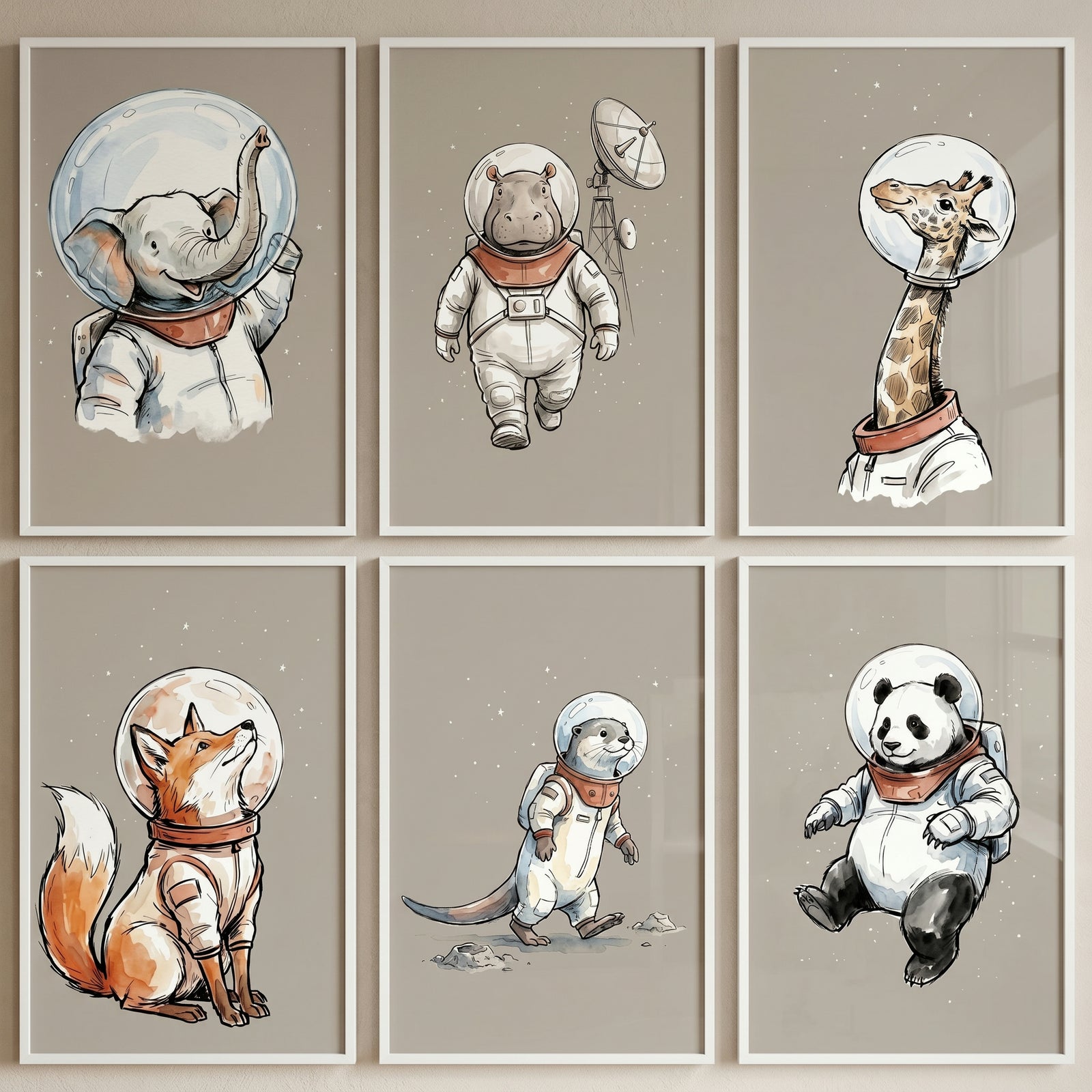 Whimsical watercolor astronaut animal wall art set of 6 with elephant, hippo, giraffe, fox, otter, and panda in spacesuits.