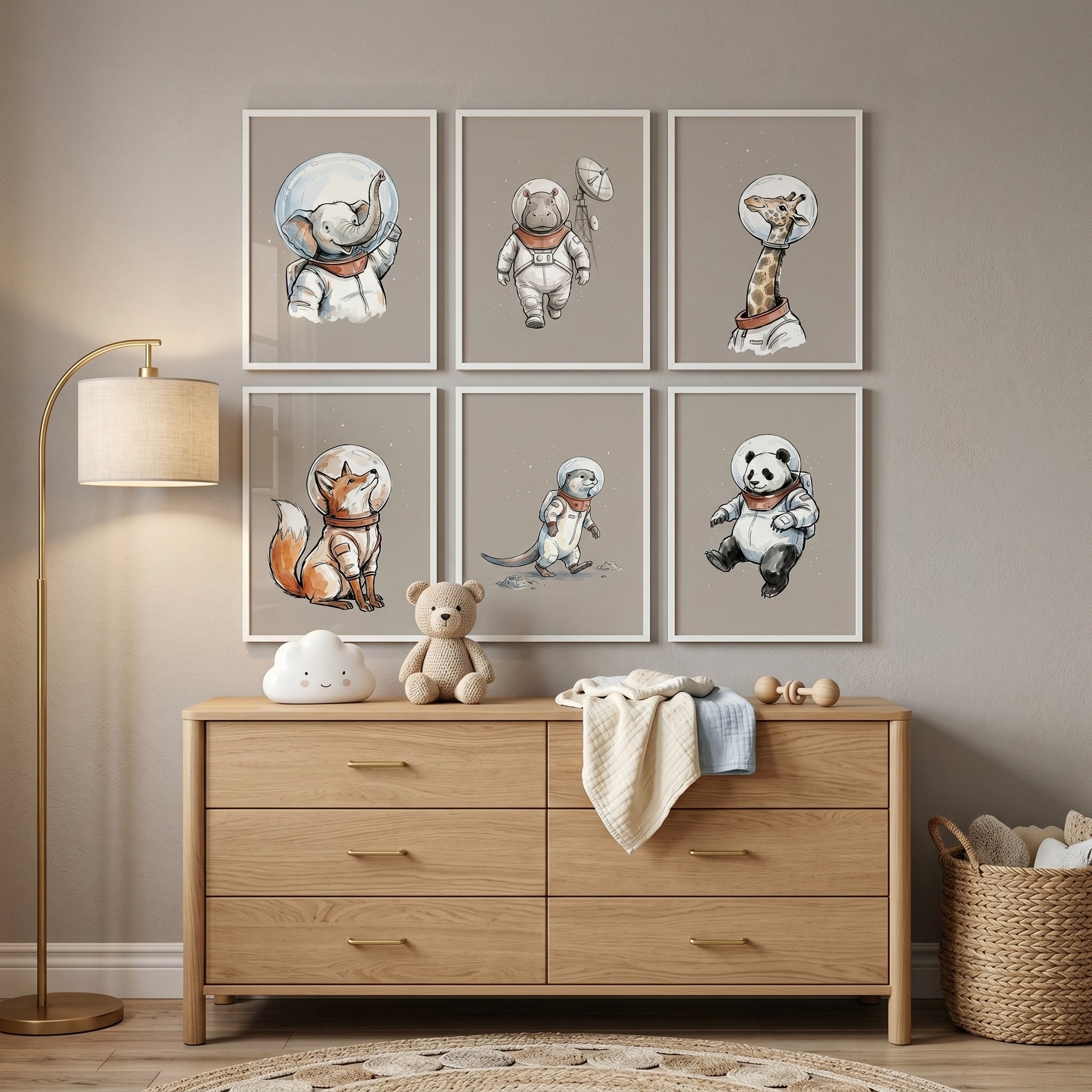 Whimsical Watercolor Astronaut Animal Wall Art Set of 6 - Cosmic Animal Crew