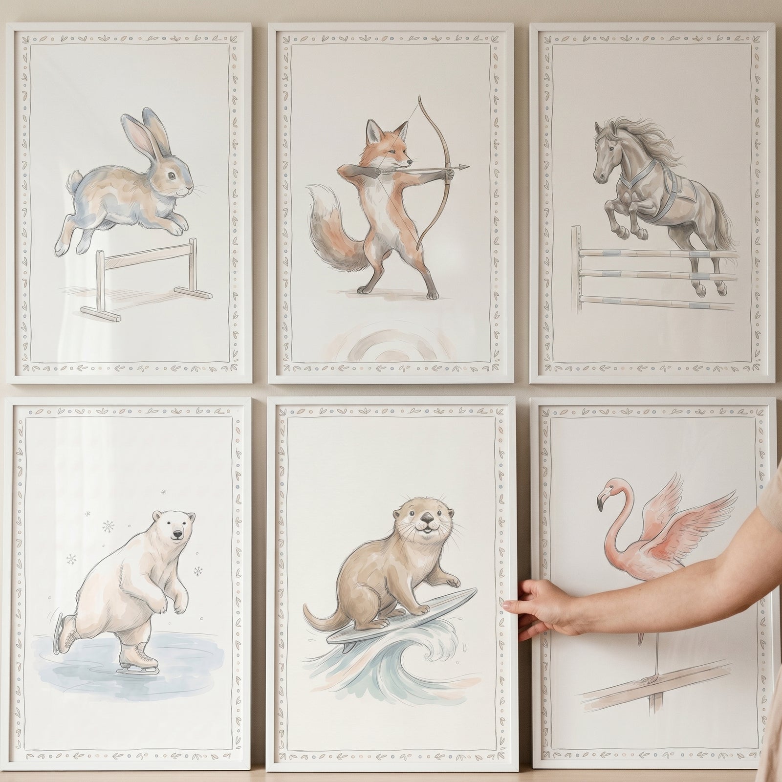 Whimsical watercolor athlete animals wall art set of 6 depicts a rabbit, fox, horse, polar bear, otter, and flamingo.