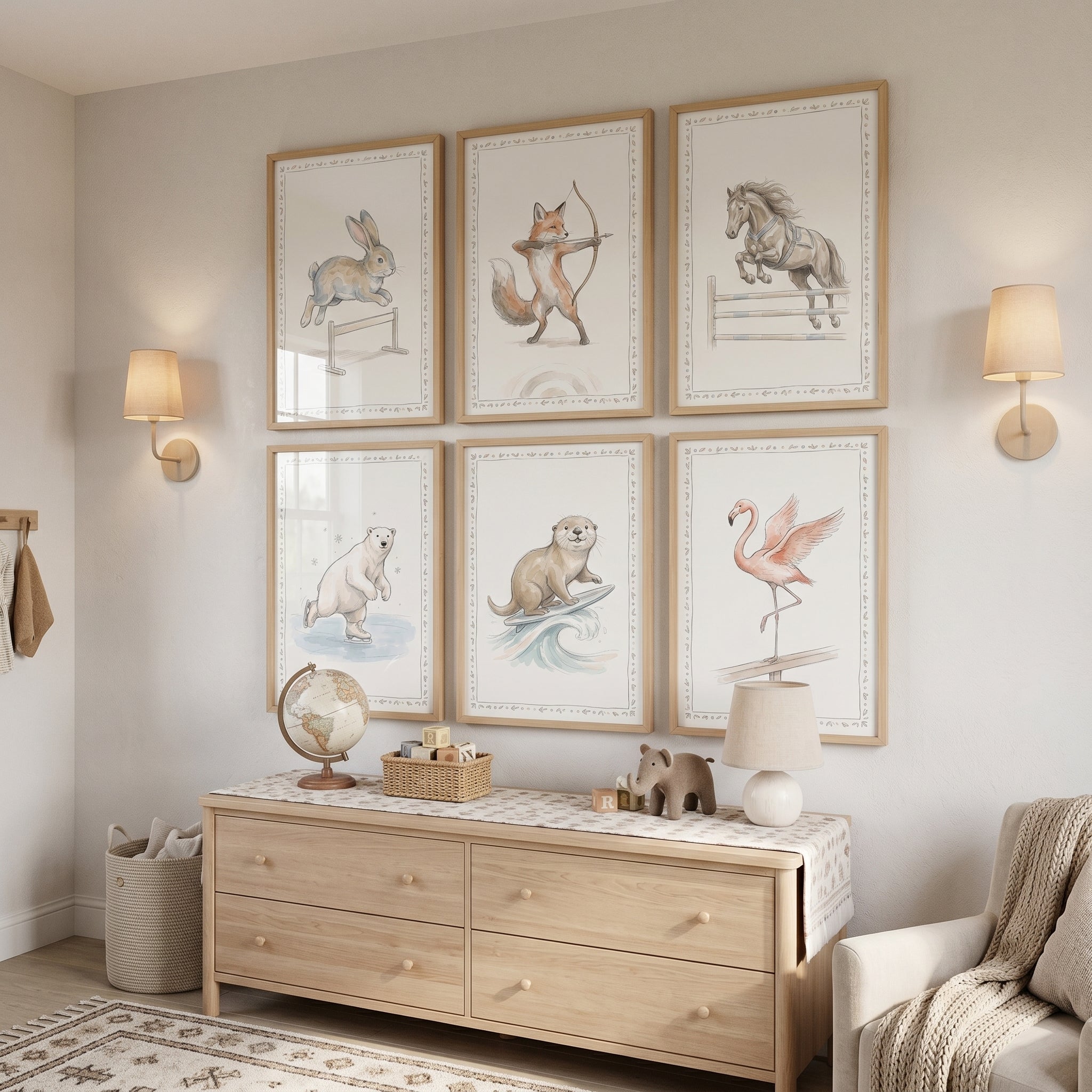 Whimsical Watercolor Athlete Animals Wall Art Set of 6 - Sporty Creature Collection