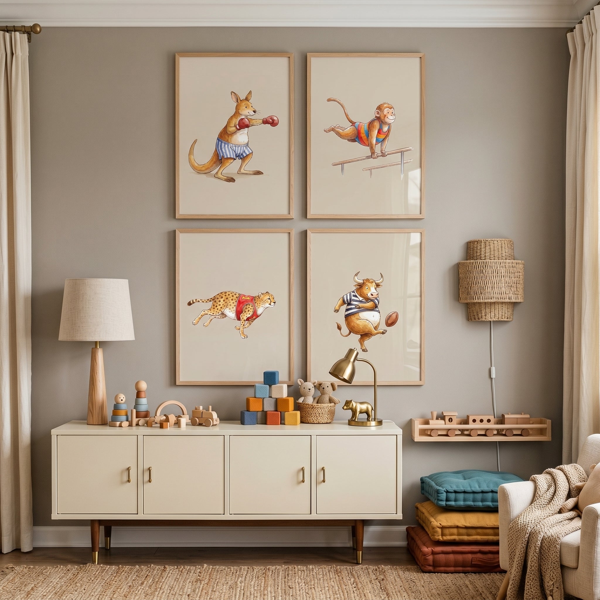 Whimsical Watercolor Athletic Animals Wall Art Set of 4 - Wild Sports Stars