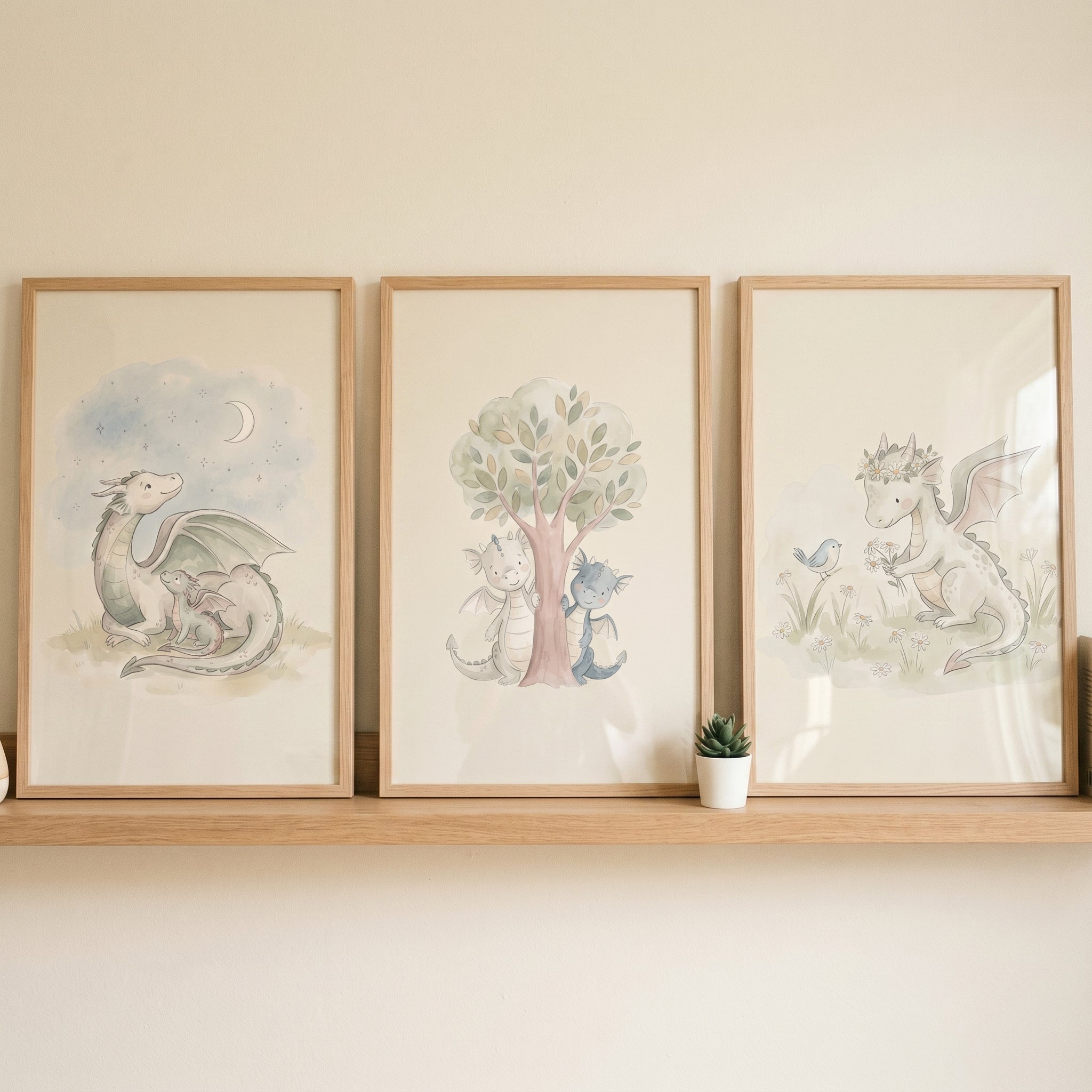 Whimsical Watercolor Baby Dragon Wall Art Set of 3 - Enchanted Dragon Tales
