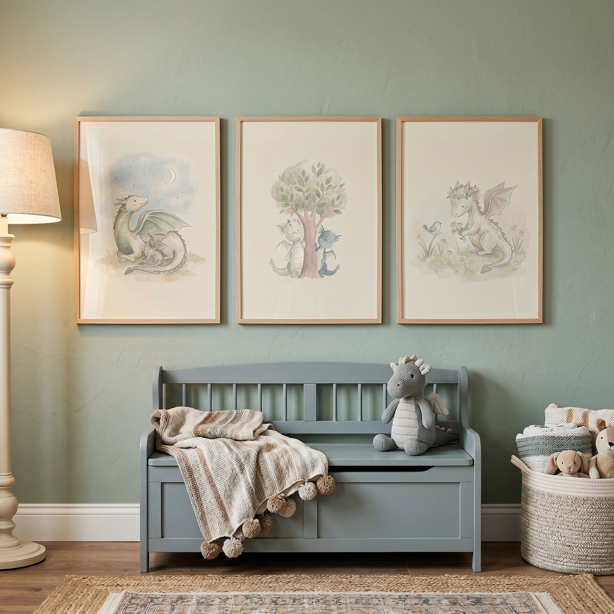 Whimsical Watercolor Baby Dragon Wall Art Set of 3 - Enchanted Dragon Tales