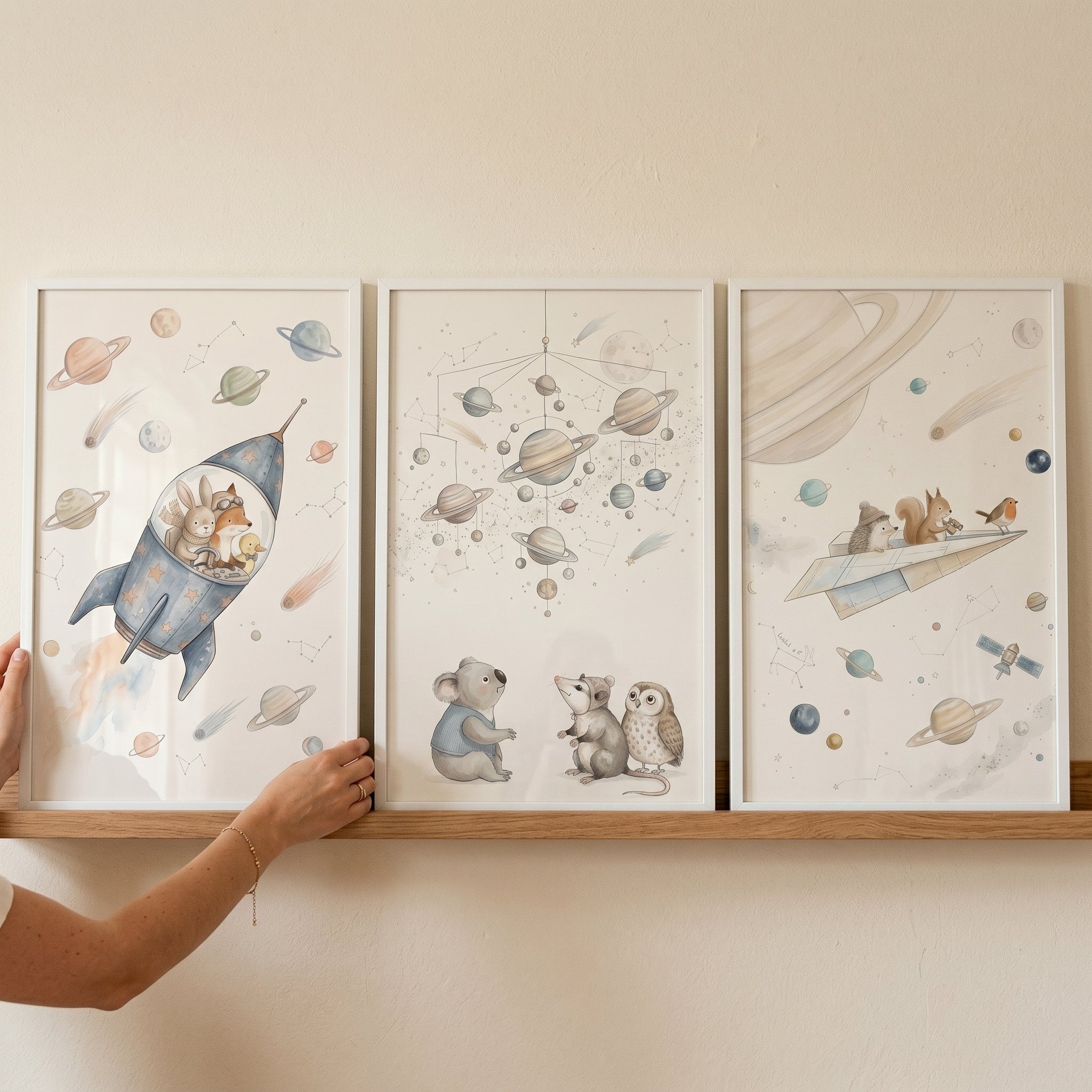Whimsical Watercolor Cosmic Animals Wall Art Set of 3 - Galactic Nursery Art