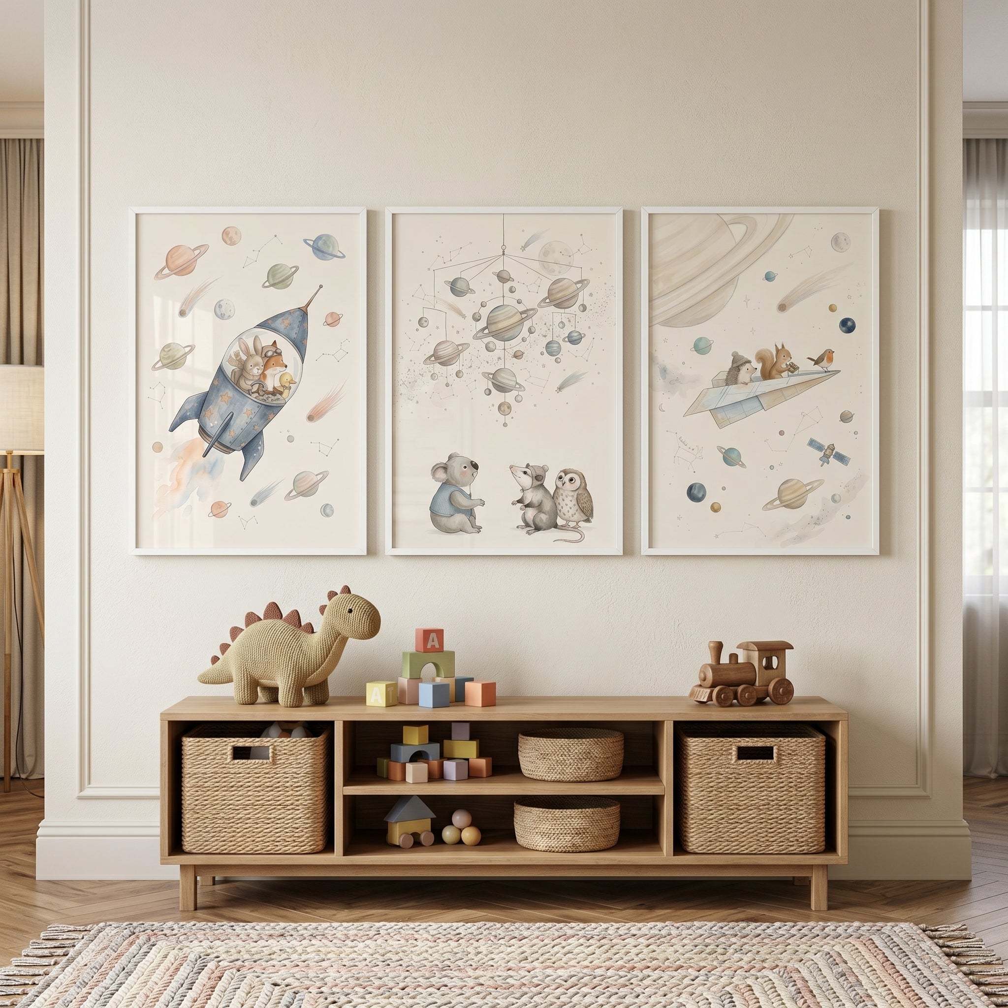 Whimsical Watercolor Cosmic Animals Wall Art Set of 3 - Galactic Nursery Art