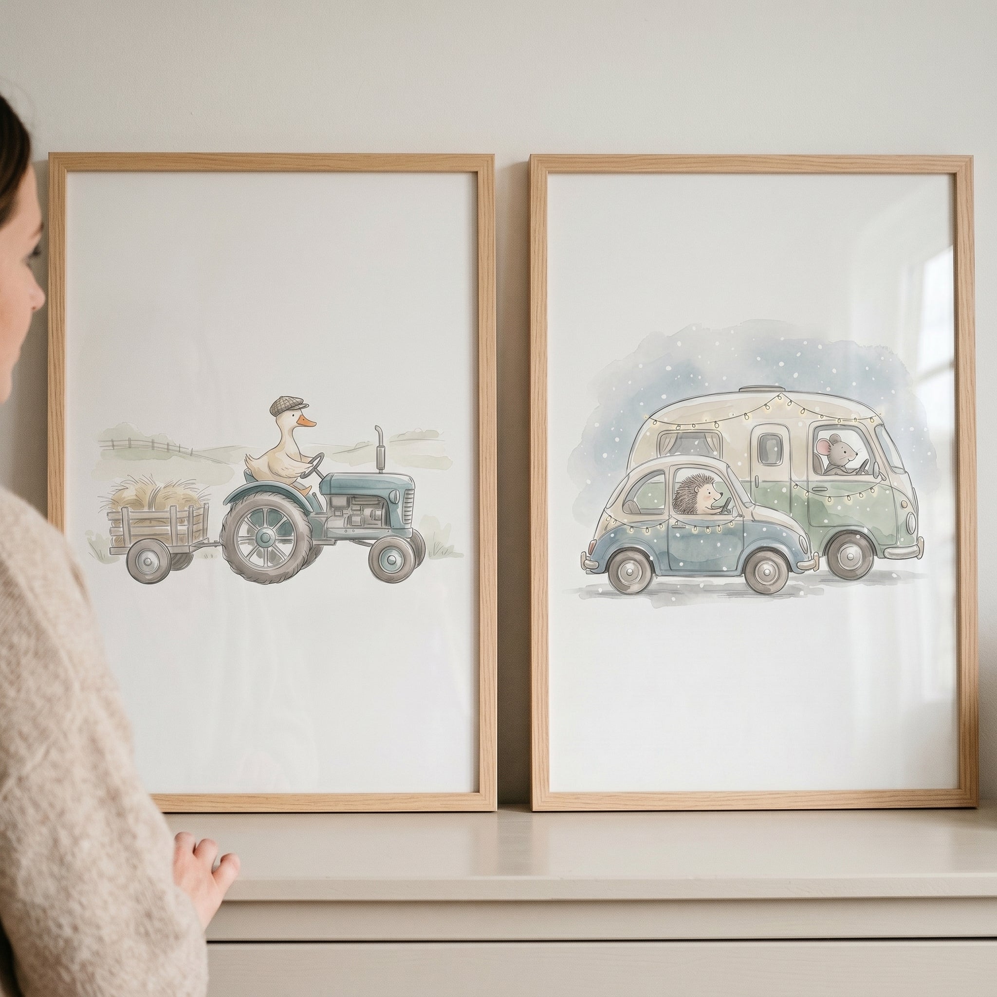 Whimsical Watercolor Driving Animals Wall Art Set of 2 - Charming Country Journeys