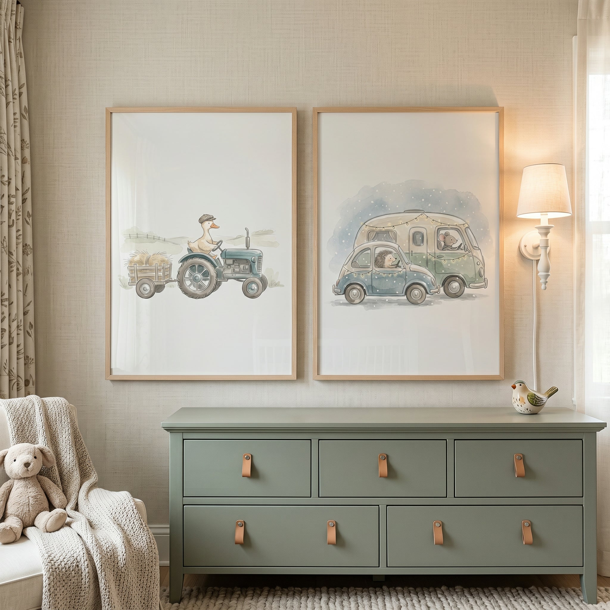 Whimsical Watercolor Driving Animals Wall Art Set of 2 - Charming Country Journeys