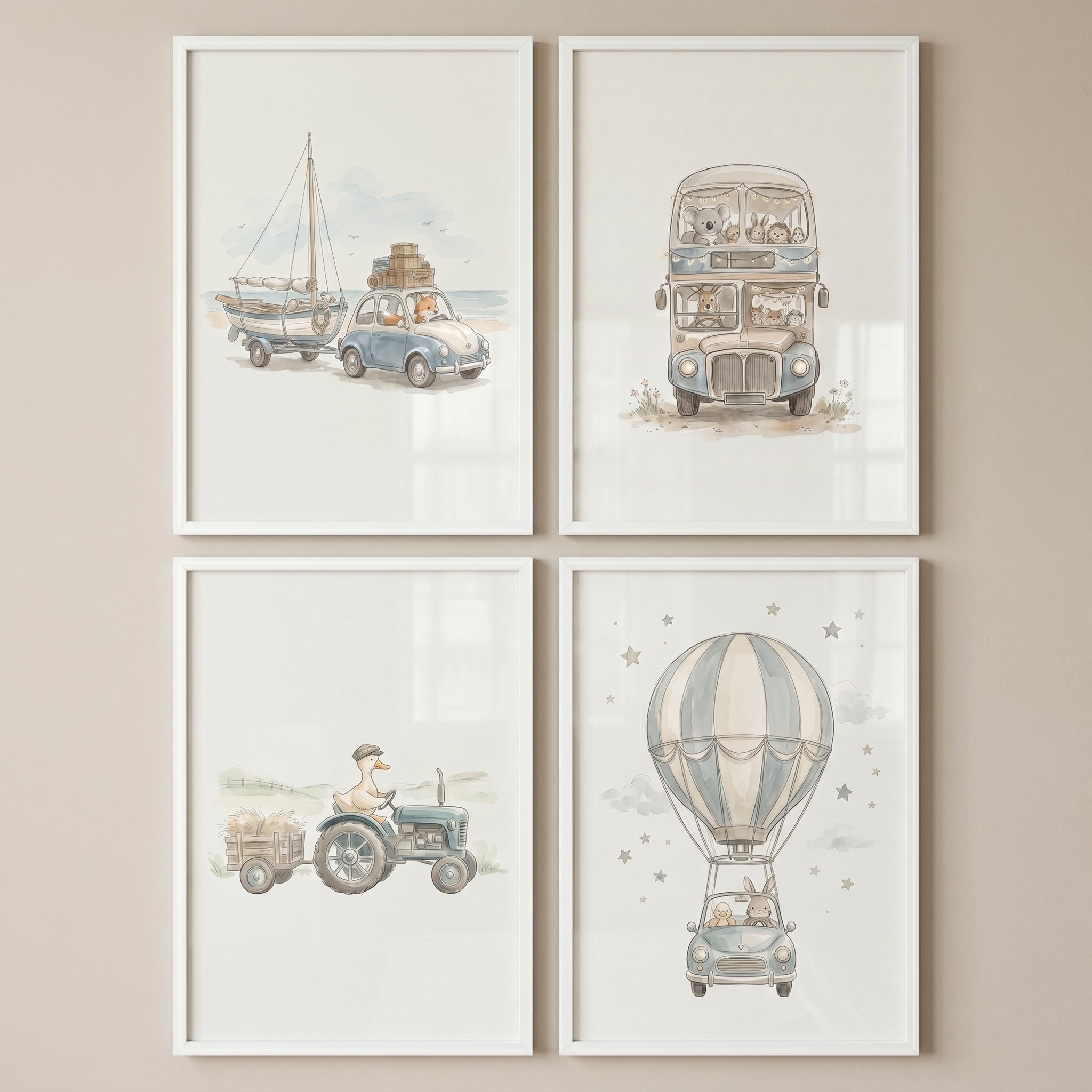 Whimsical Watercolor Driving Animals Wall Art Set of 4 - Little Voyager Art