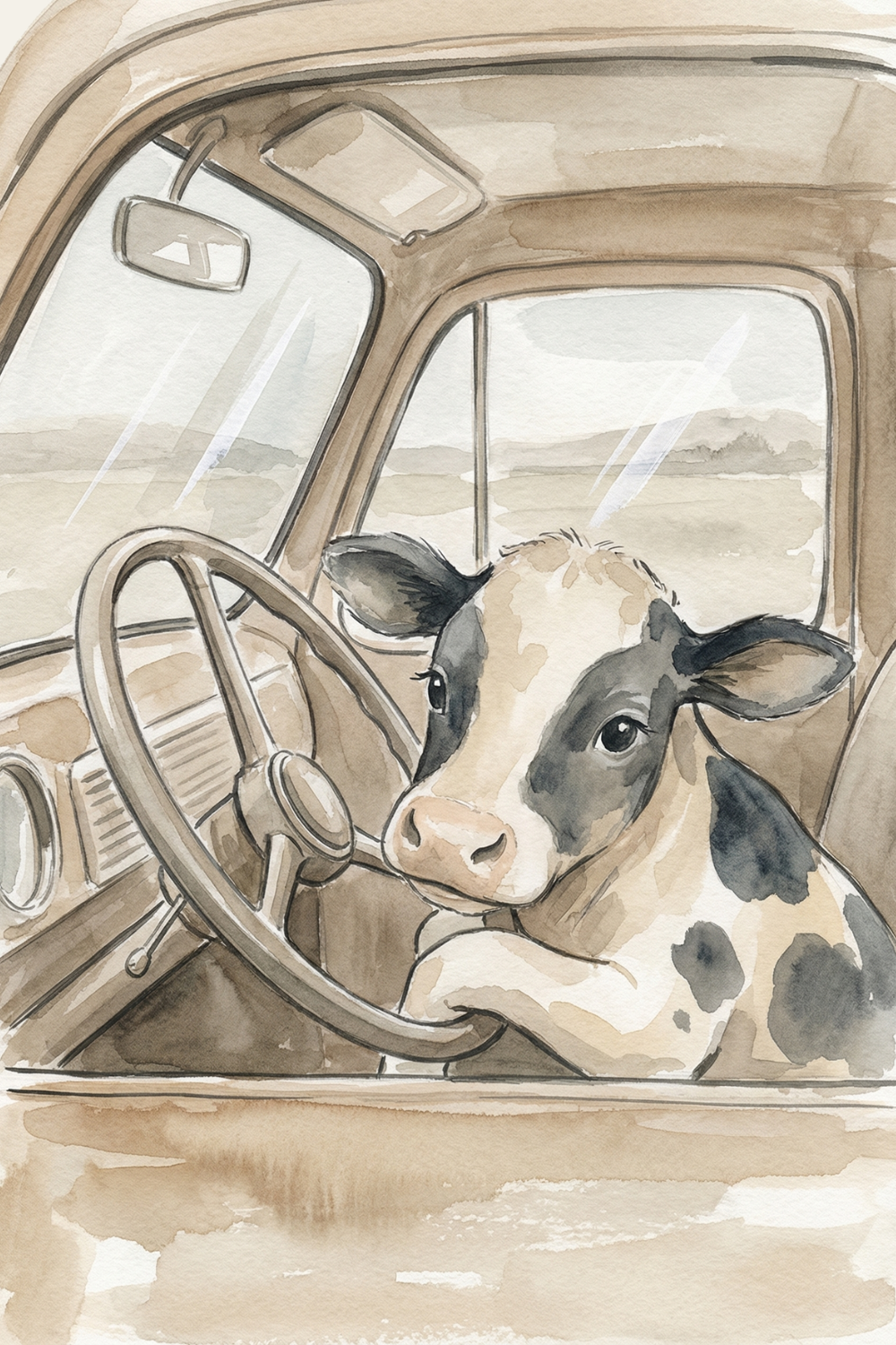 Whimsical Watercolor Driving Cow Wall Art - Bovine Behind Wheel