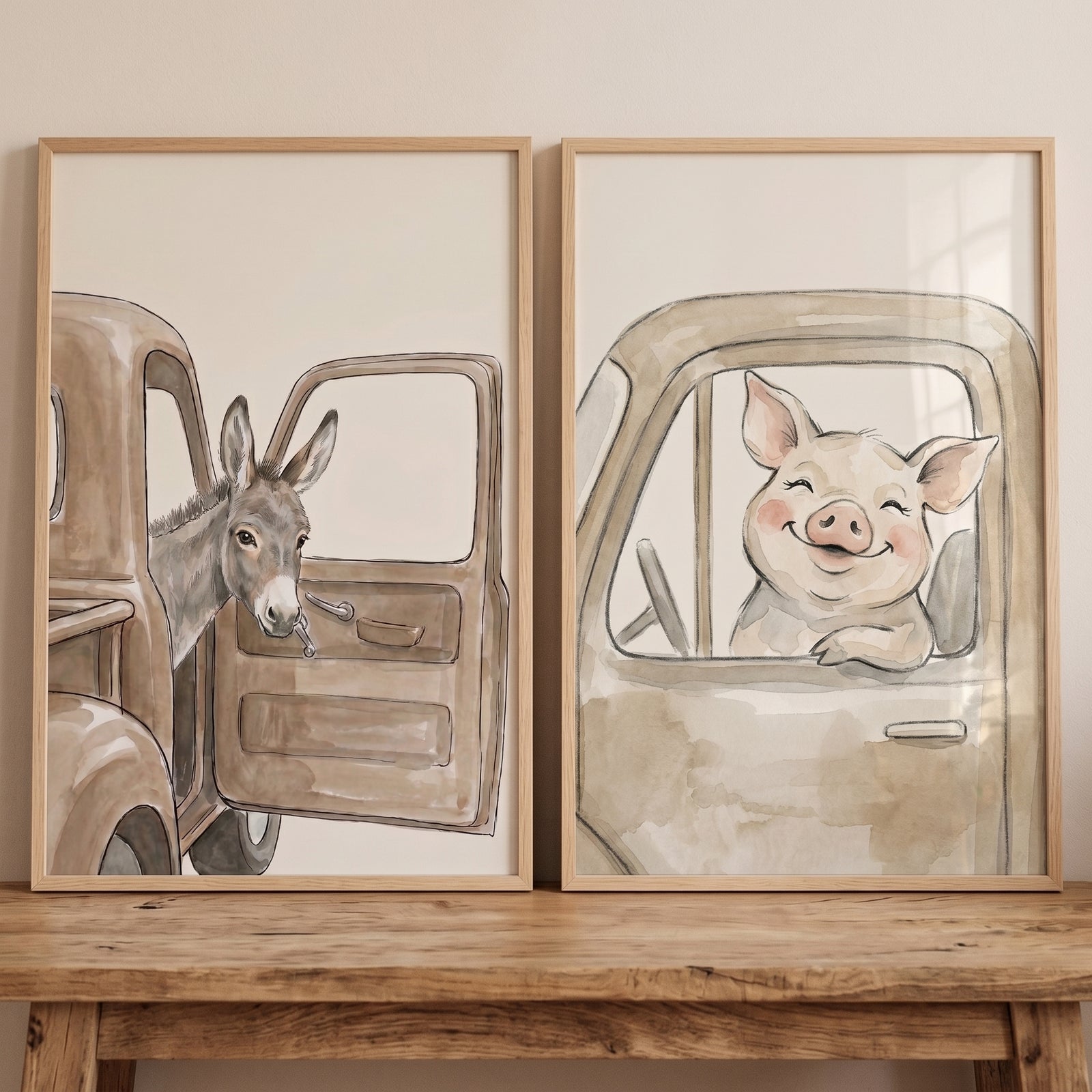 Whimsical watercolor farm animals wall art set of 2 featuring a donkey and a smiling pig in vintage trucks.