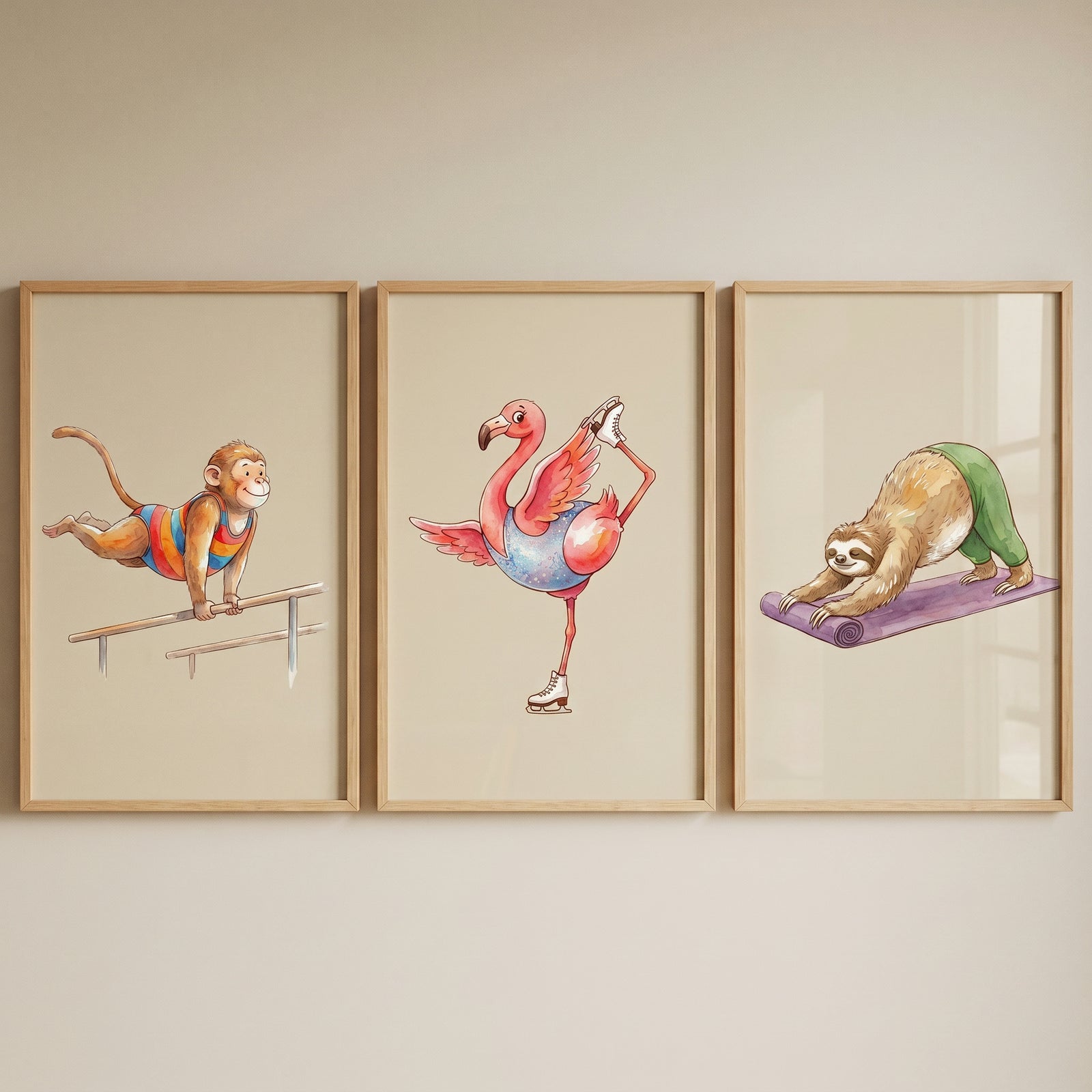 Whimsical watercolor fitness animal wall art set of 3 with a monkey on bars, skating flamingo, and yoga sloth.
