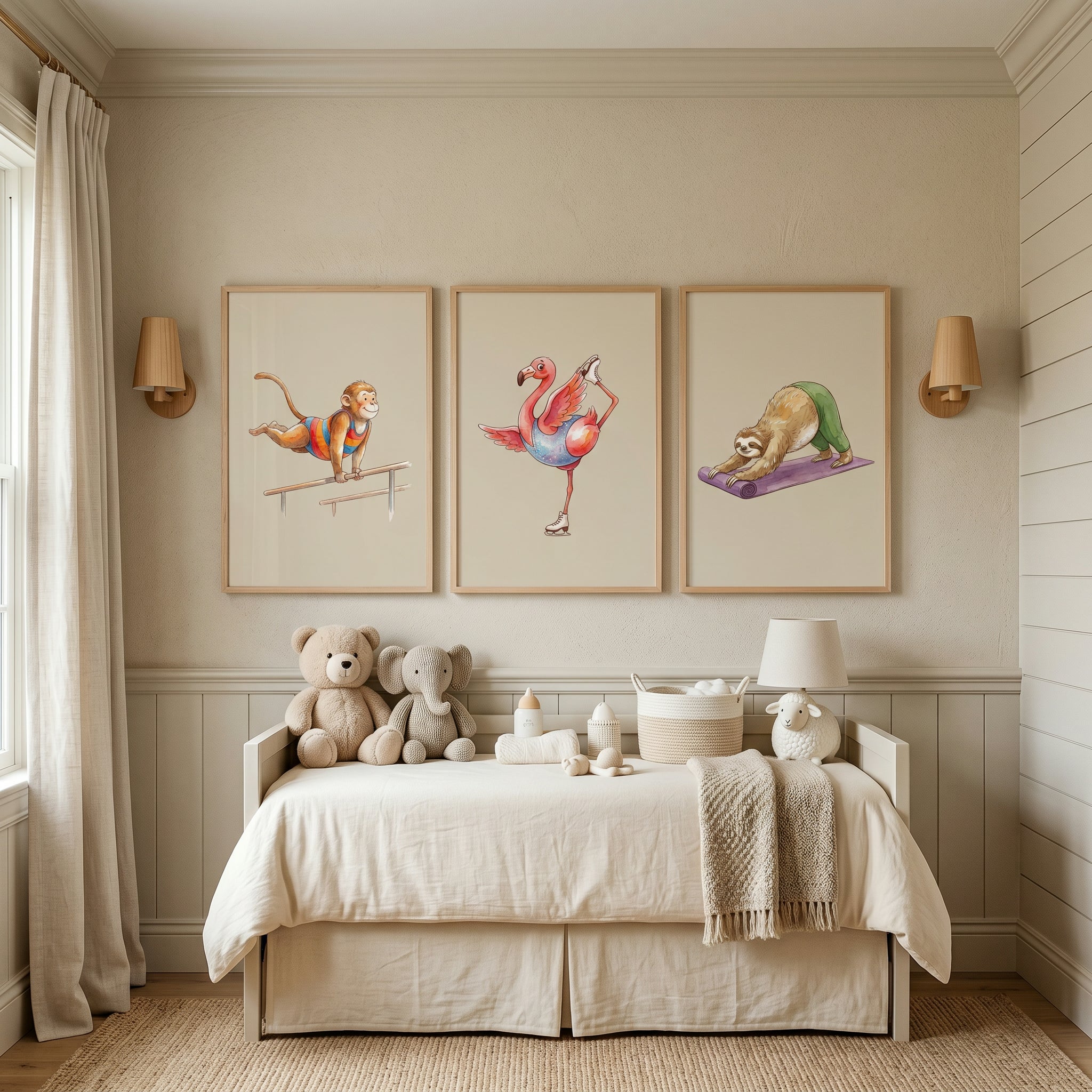 Whimsical Watercolor Fitness Animal Wall Art Set of 3 - Active Animal Trio