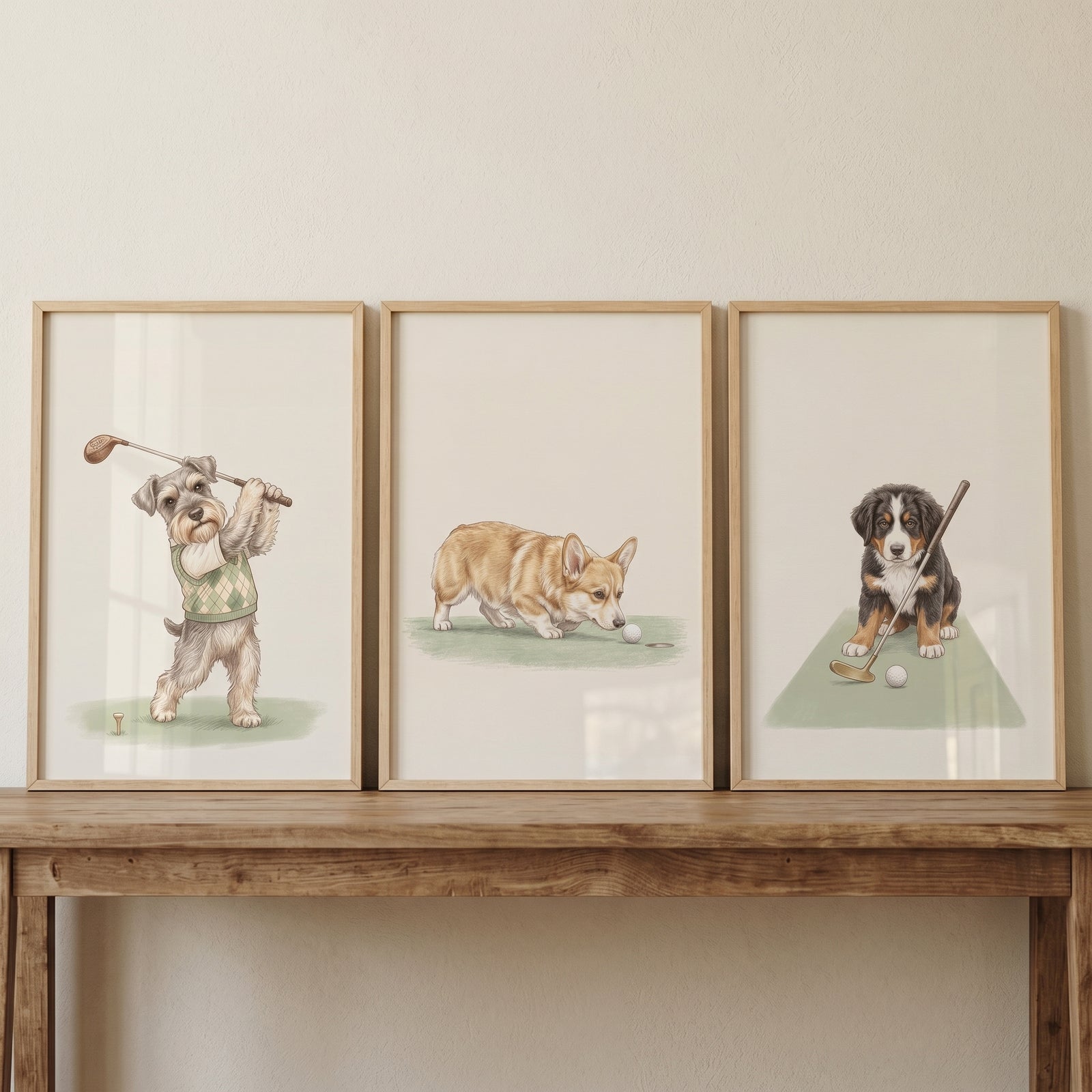 Whimsical watercolor golf puppies artwork set of 3 featuring various dog breeds playing golf on a wooden table.