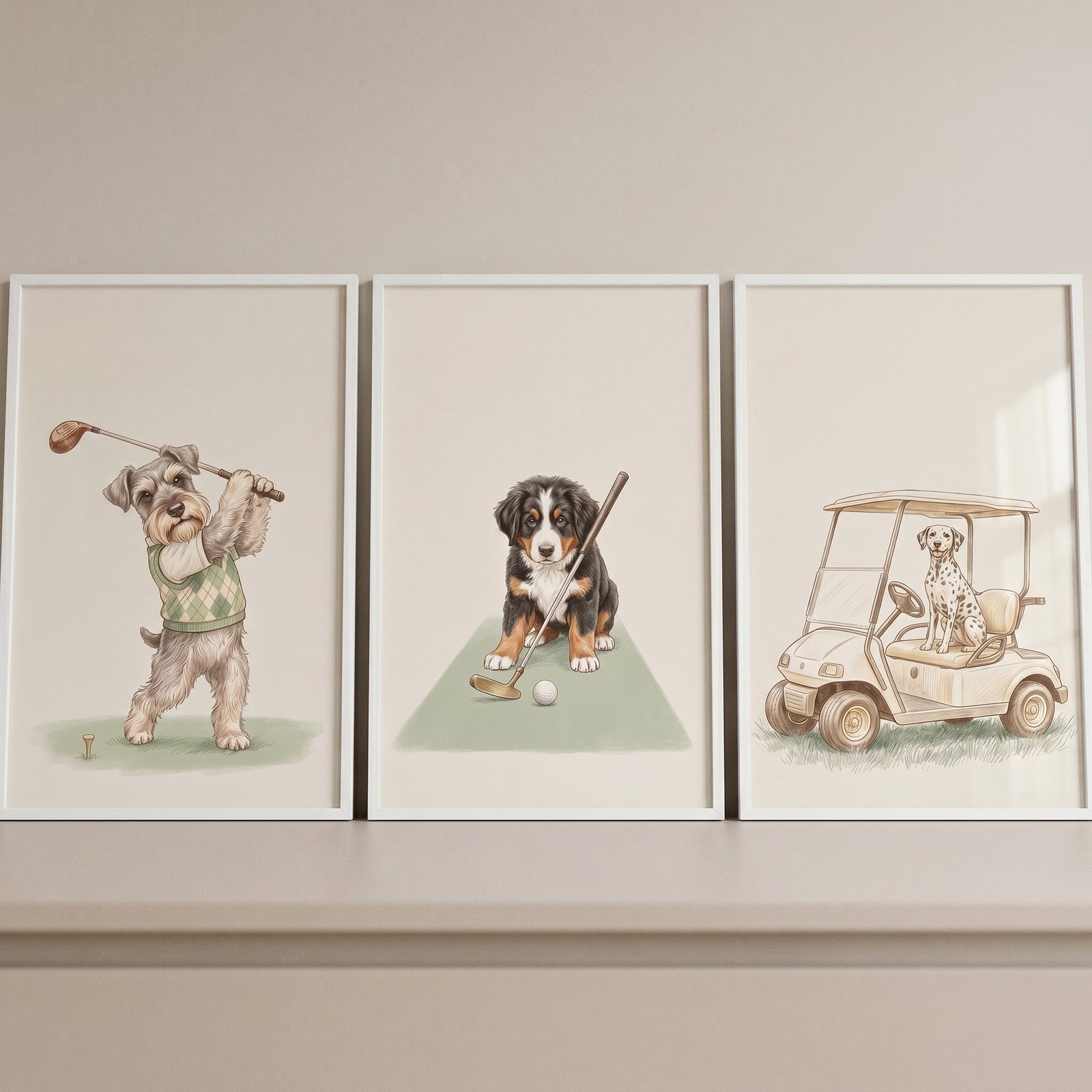 Whimsical watercolor golfing dogs wall art set of 3 features a dog swinging, a puppy putting, and a dog in a golf cart.