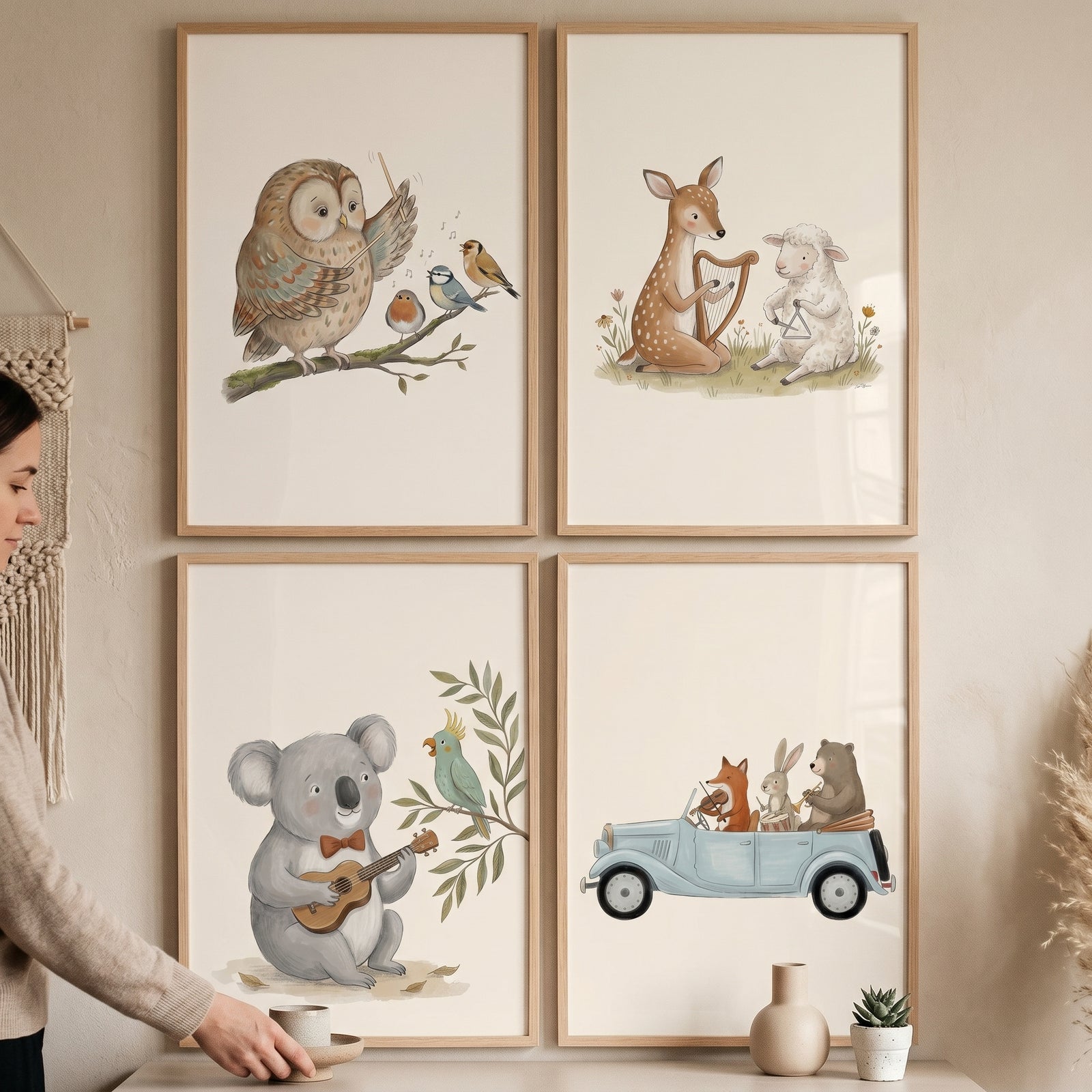 Whimsical watercolor musical animal wall art set of 4 featuring an owl, deer with harp, koala, and animals in a blue car.
