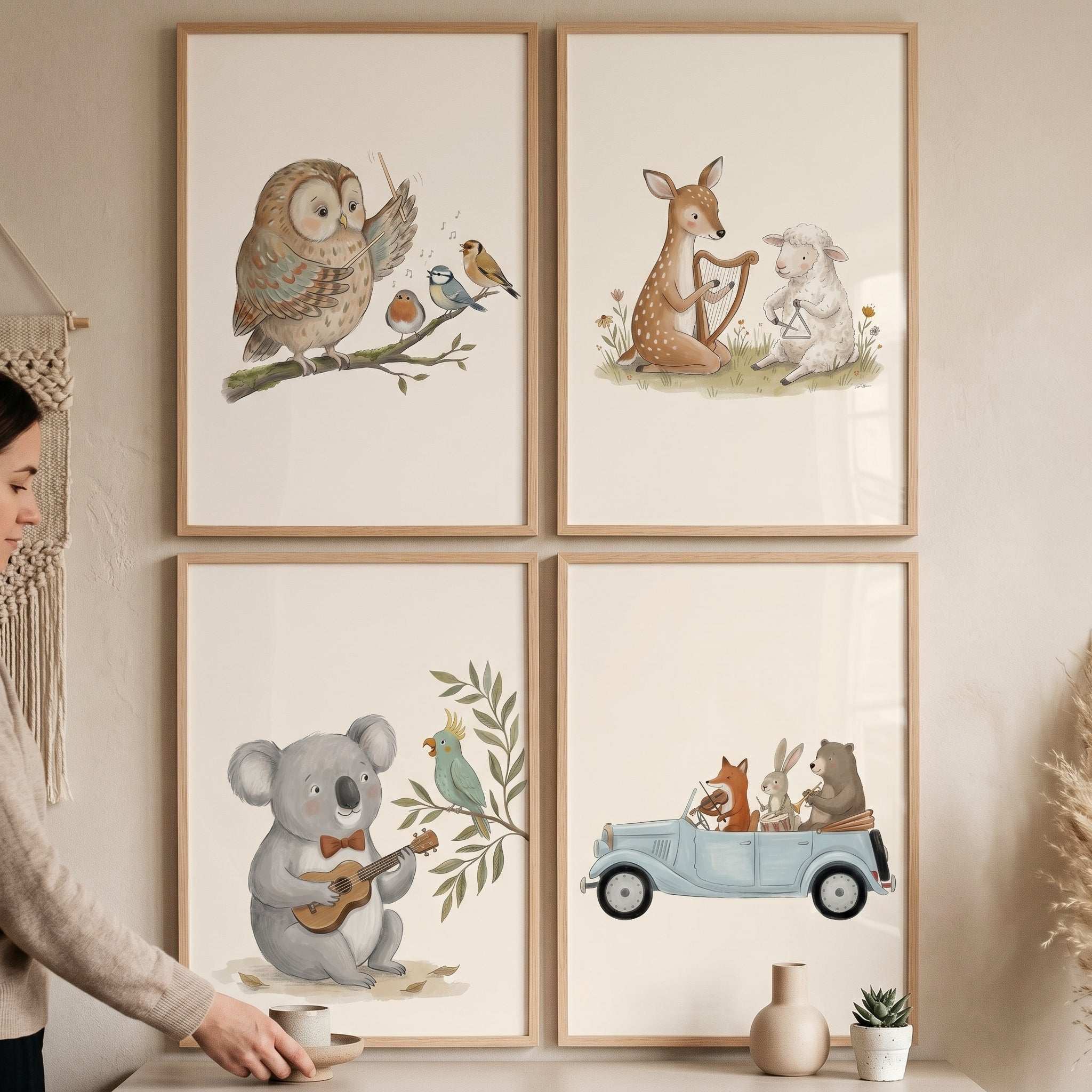 Whimsical Watercolor Musical Animal Wall Art Set Of 4 - Little Creature Concert