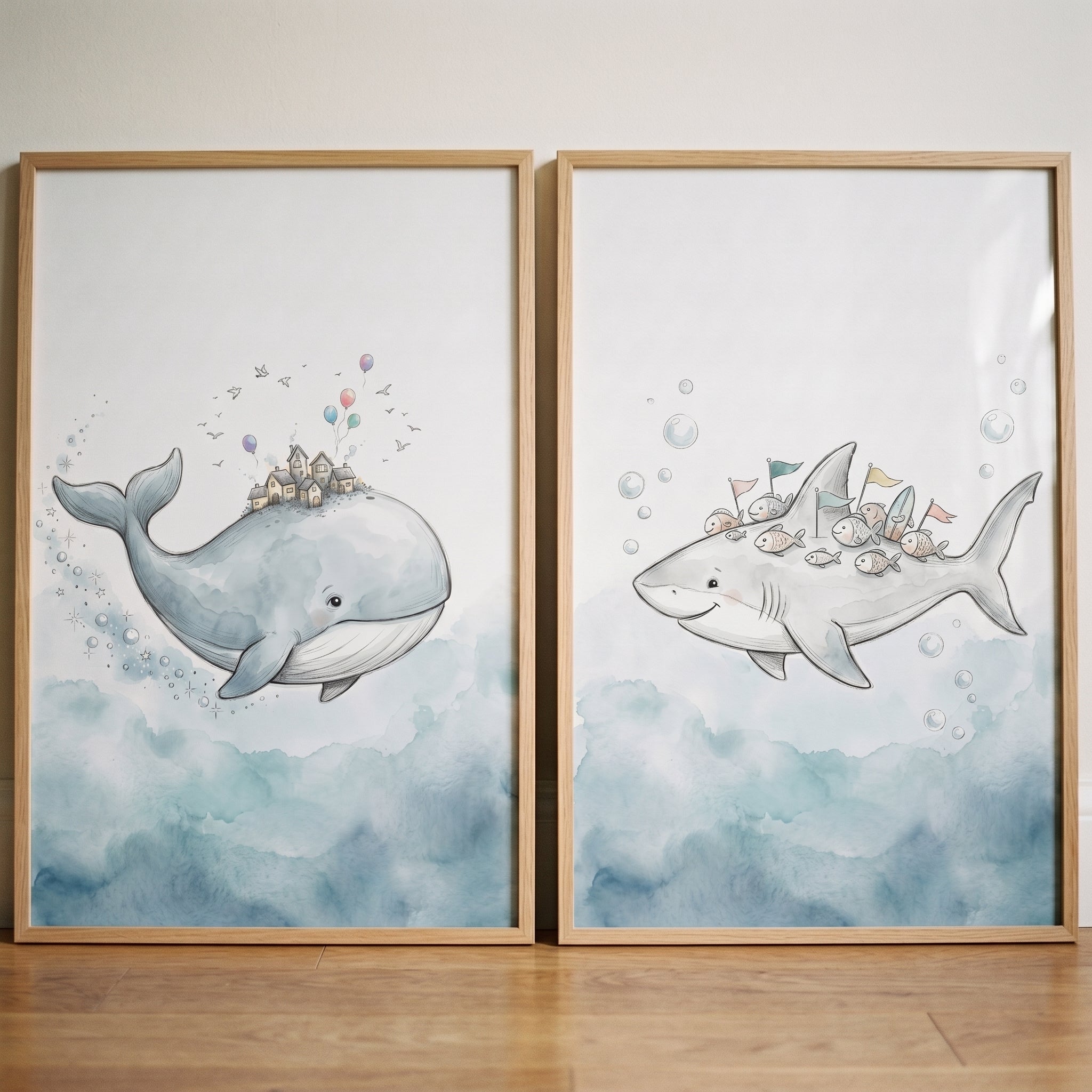 Whimsical Watercolor Ocean Animal Wall Art Set Of 2 - Whimsical Sea Giants
