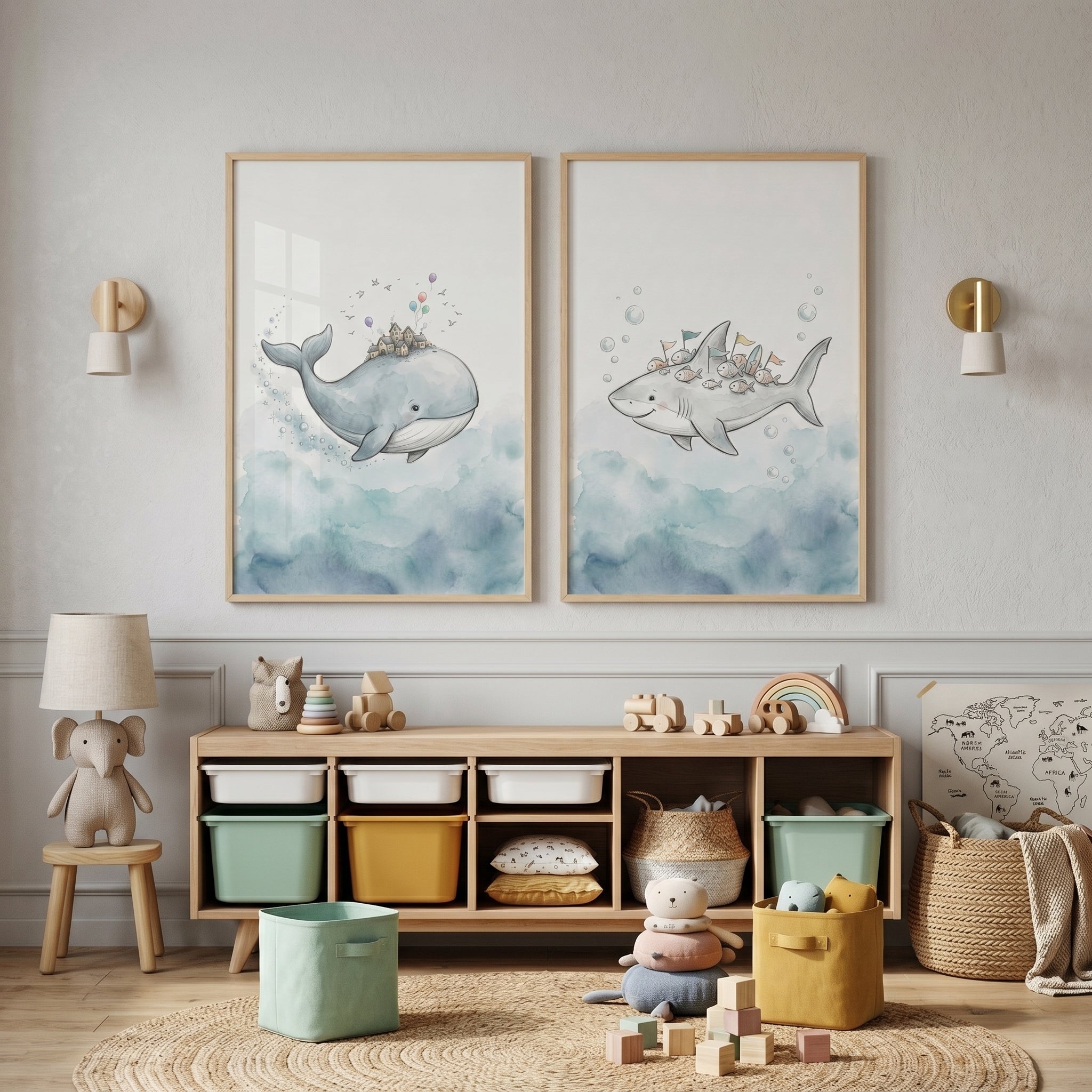 Whimsical Watercolor Ocean Animal Wall Art Set Of 2 - Whimsical Sea Giants
