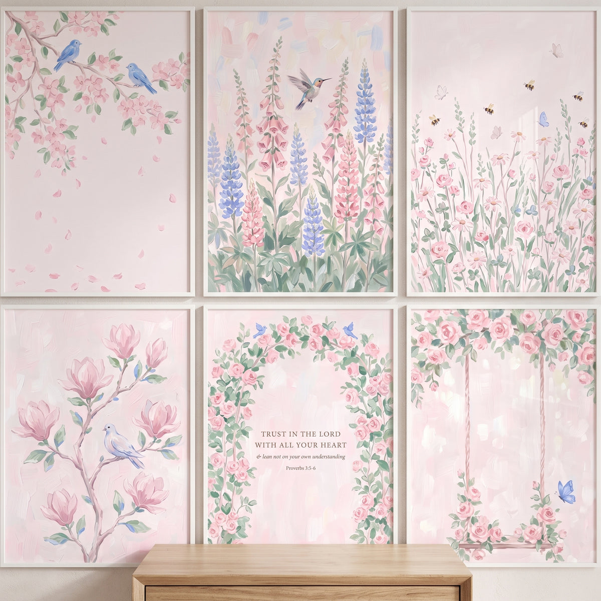 Whimsical Watercolor Pink Floral Wall Art Set of 6 - Serene Nature Faith