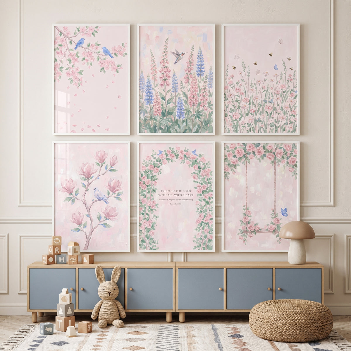 Whimsical Watercolor Pink Floral Wall Art Set of 6 - Serene Nature Faith