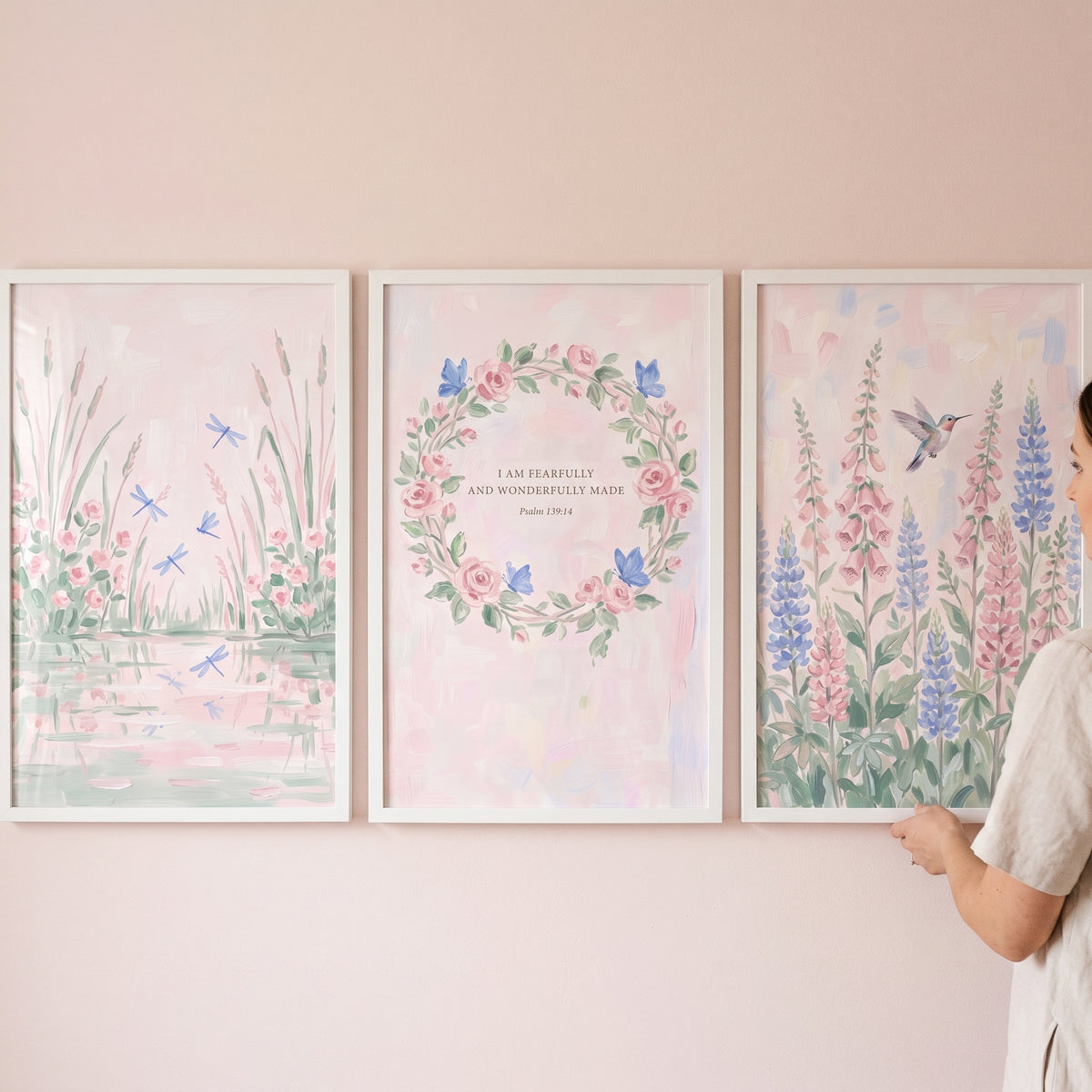 Whimsical Watercolor Pink Garden Wall Art Set of 3 - Serene Floral Trio