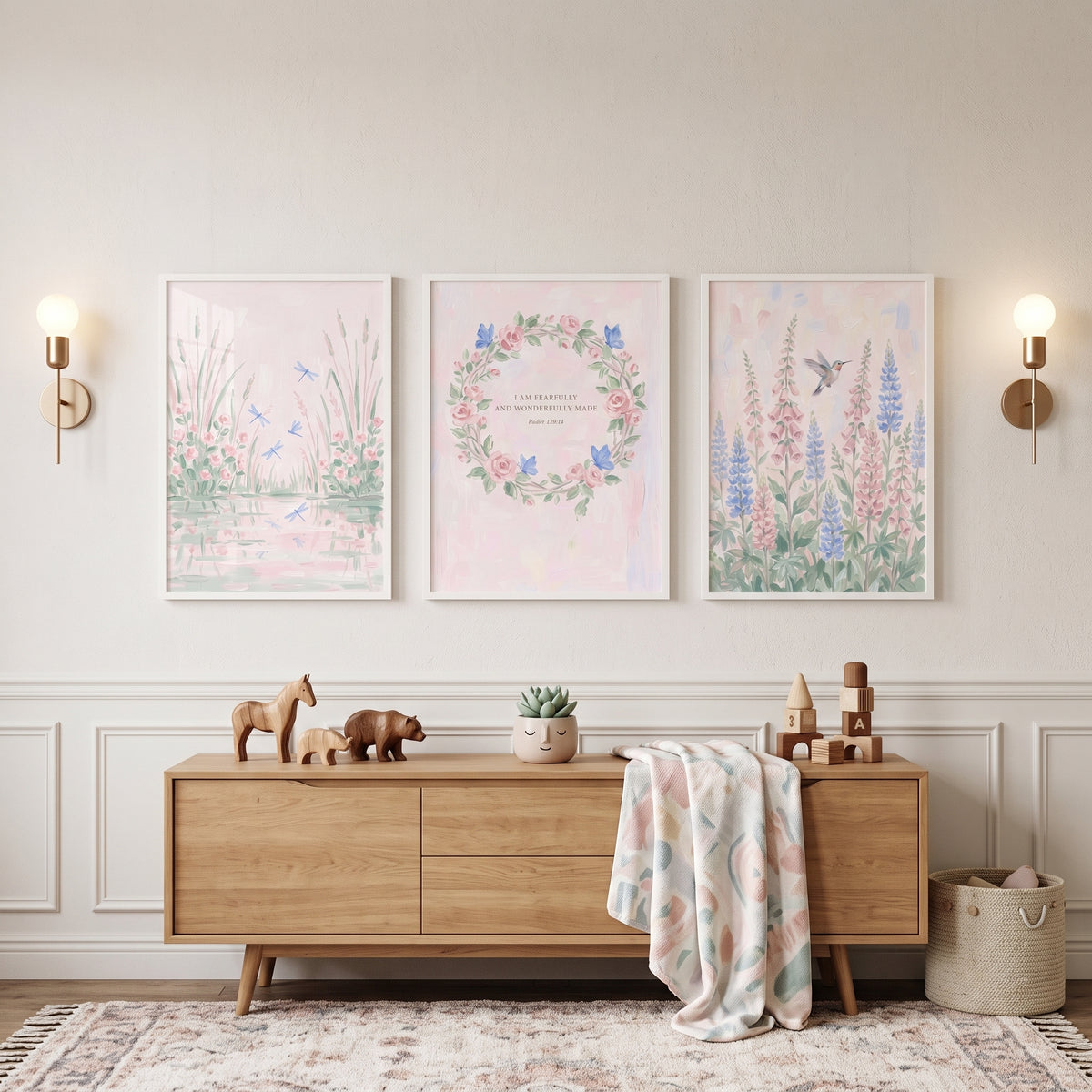 Whimsical Watercolor Pink Garden Wall Art Set of 3 - Serene Floral Trio