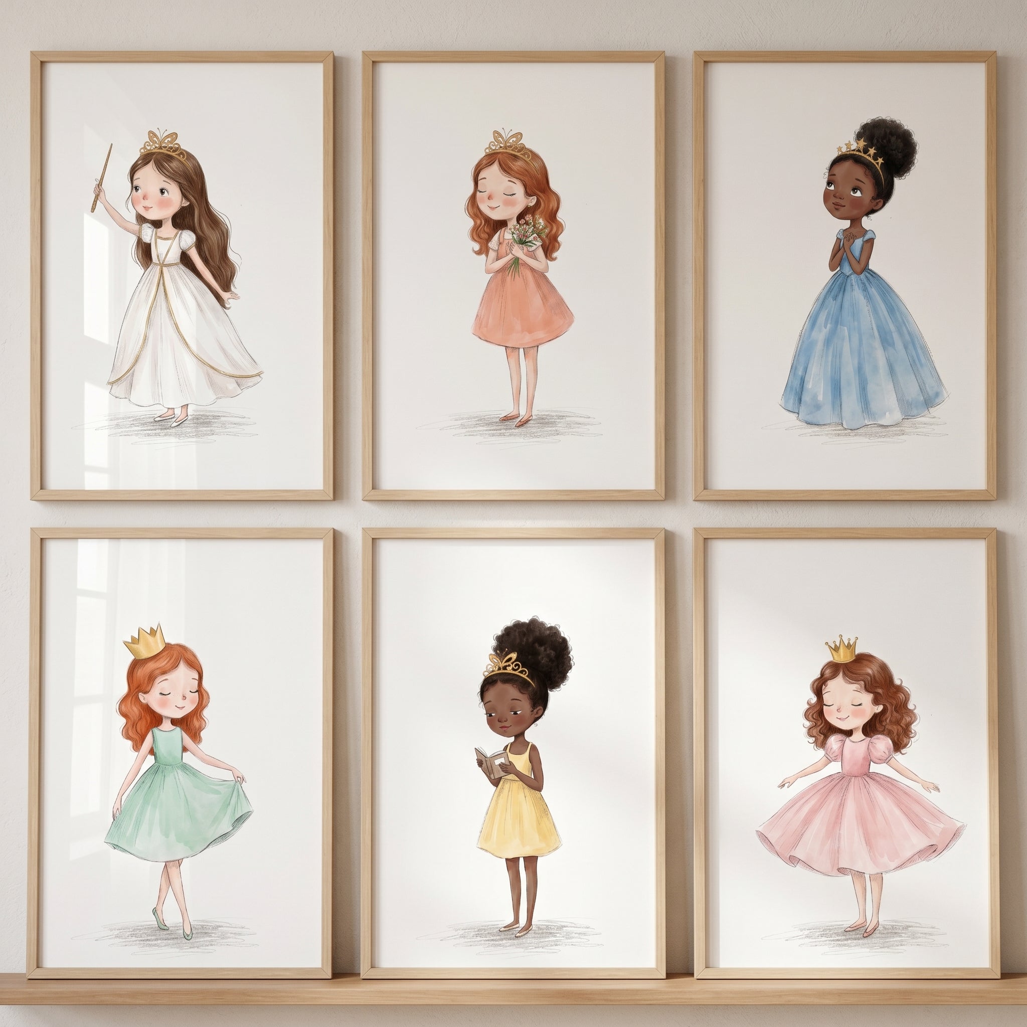 Whimsical Watercolor Princess Wall Art Set of 6 - Tiny Royal Ladies