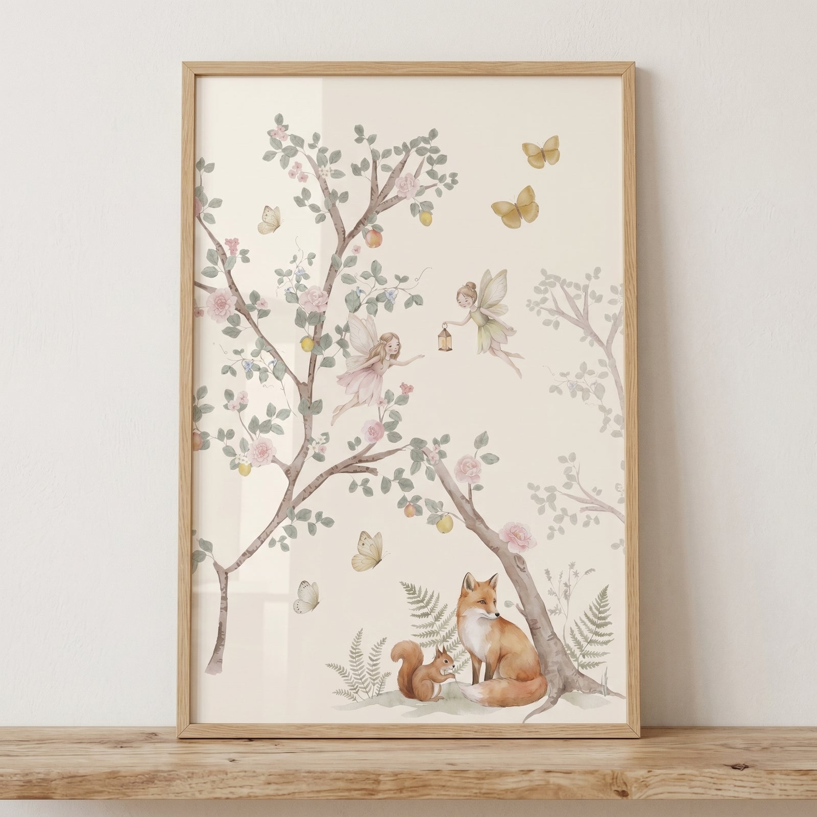 Whimsical watercolor red fox wall art featuring a squirrel, fairies, and butterflies under a flowering tree.