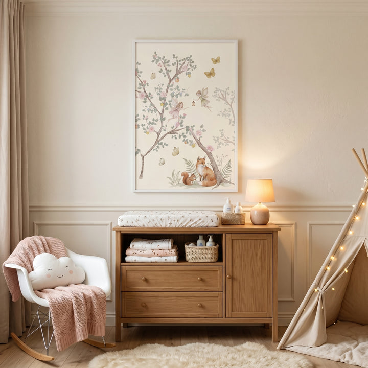 Nursery with a wooden dresser, teepee, rocking chair with cloud pillow, and whimsical watercolor red fox wall art.