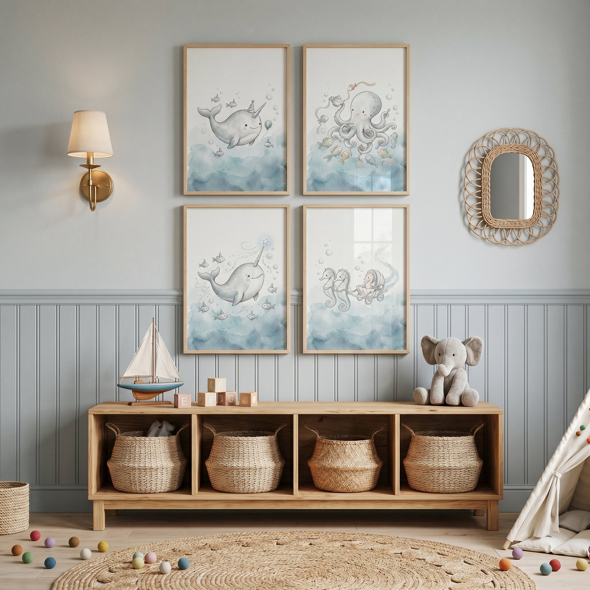 Whimsical Watercolor Sea Animals Wall Art Set of 4 - Magical Sea Nursery