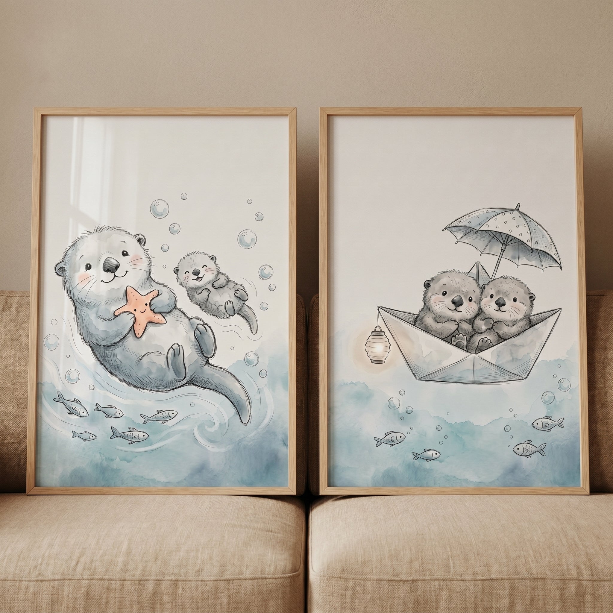 Whimsical Watercolor Sea Otter Wall Art Set Of 2 - Sweet Otter Voyage
