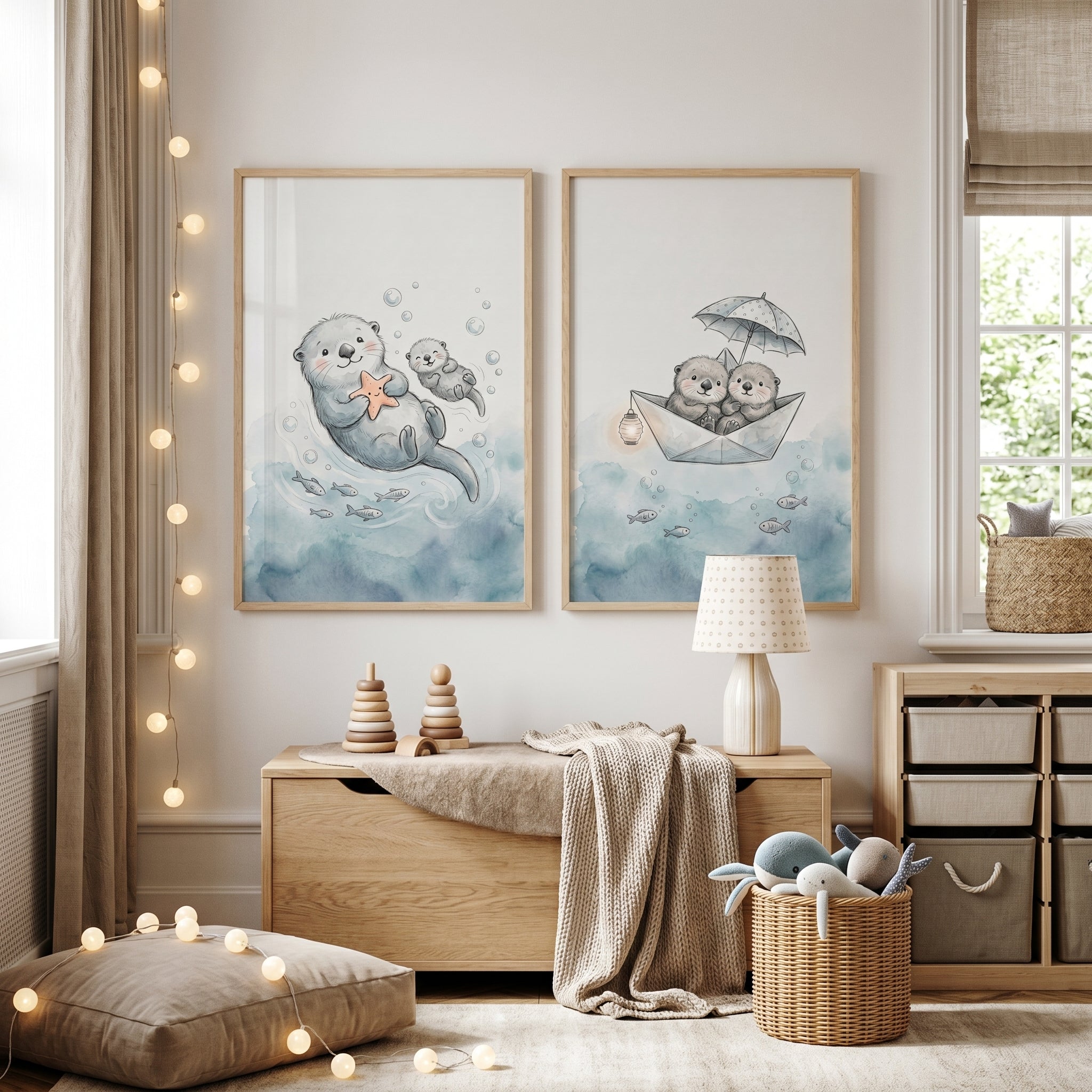 Whimsical Watercolor Sea Otter Wall Art Set Of 2 - Sweet Otter Voyage